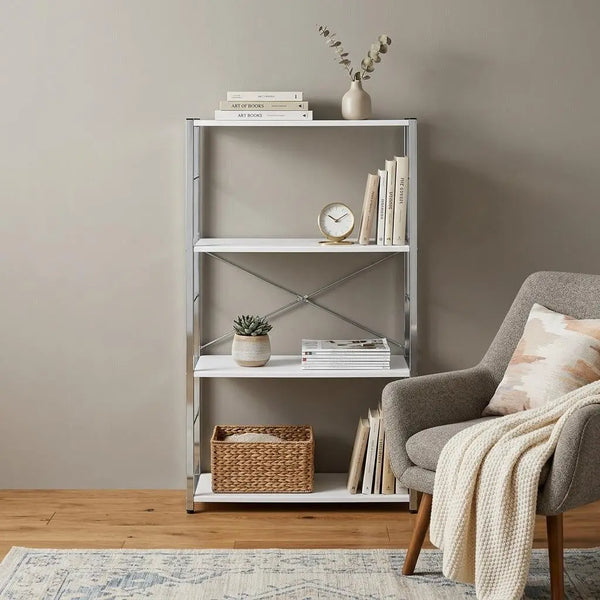 42" White And Silver Metal and Wood Four Tier Etagere Bookcase Homeroots Office