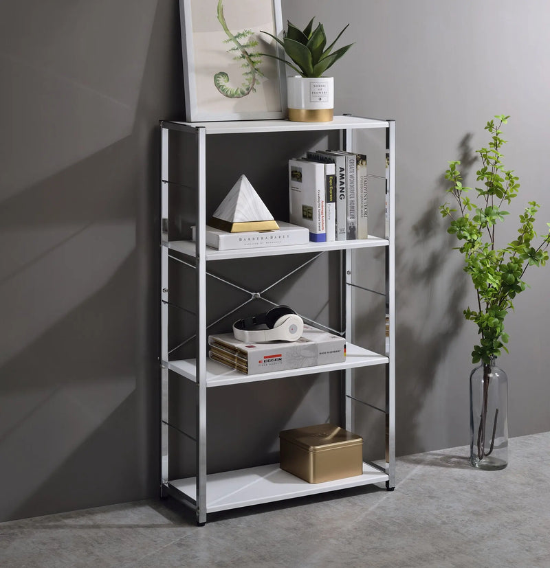 42" White And Silver Metal and Wood Four Tier Etagere Bookcase Homeroots Office