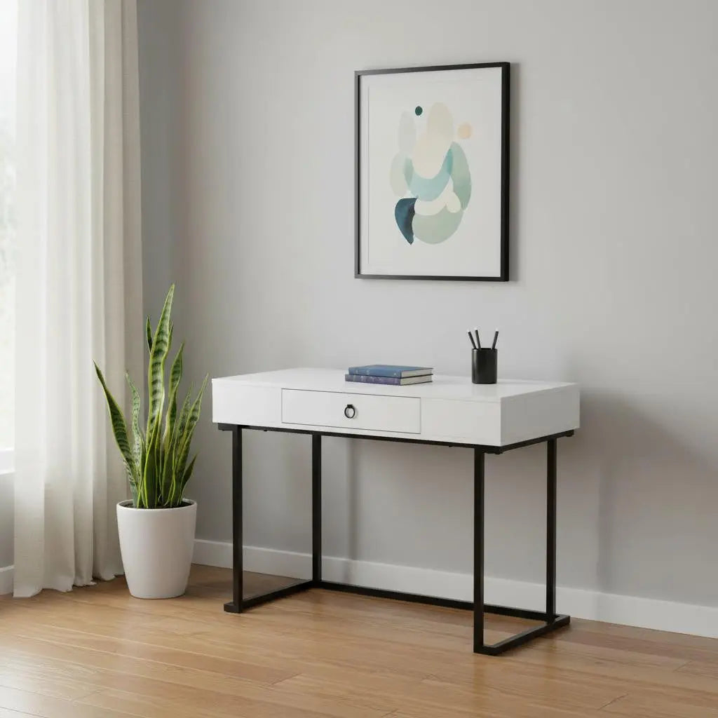 42" White and Black Wood and Metal Sled Computer Desk Homeroots Office