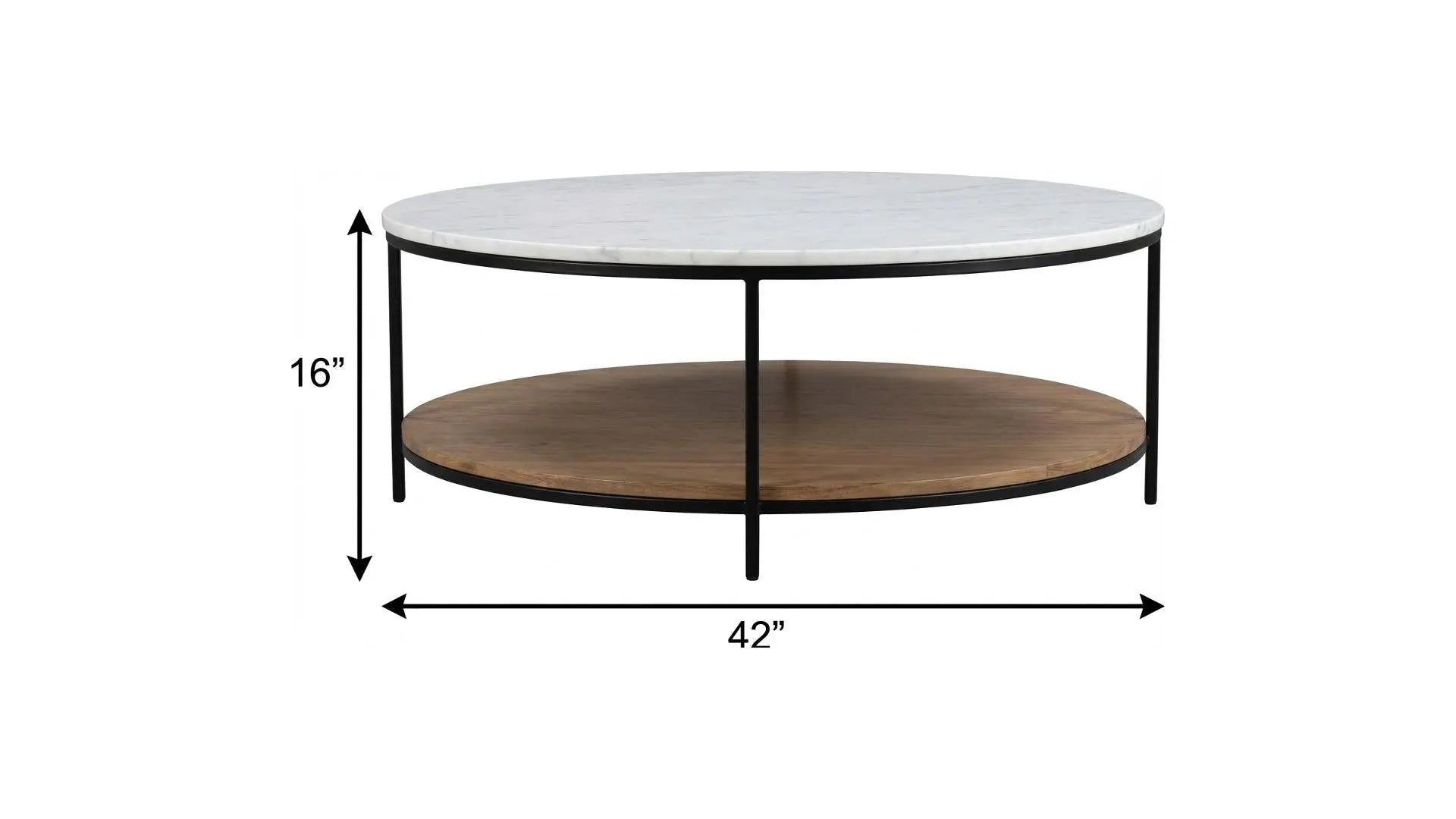 42" White and Brown Stone and Solid Wood Round Coffee Table Homeroots Living Room