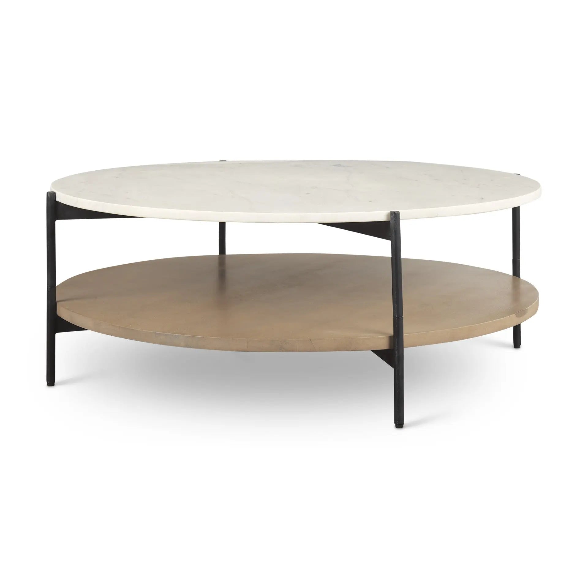42" White and Brown Stone and Solid Wood Round Coffee Table Homeroots Living Room