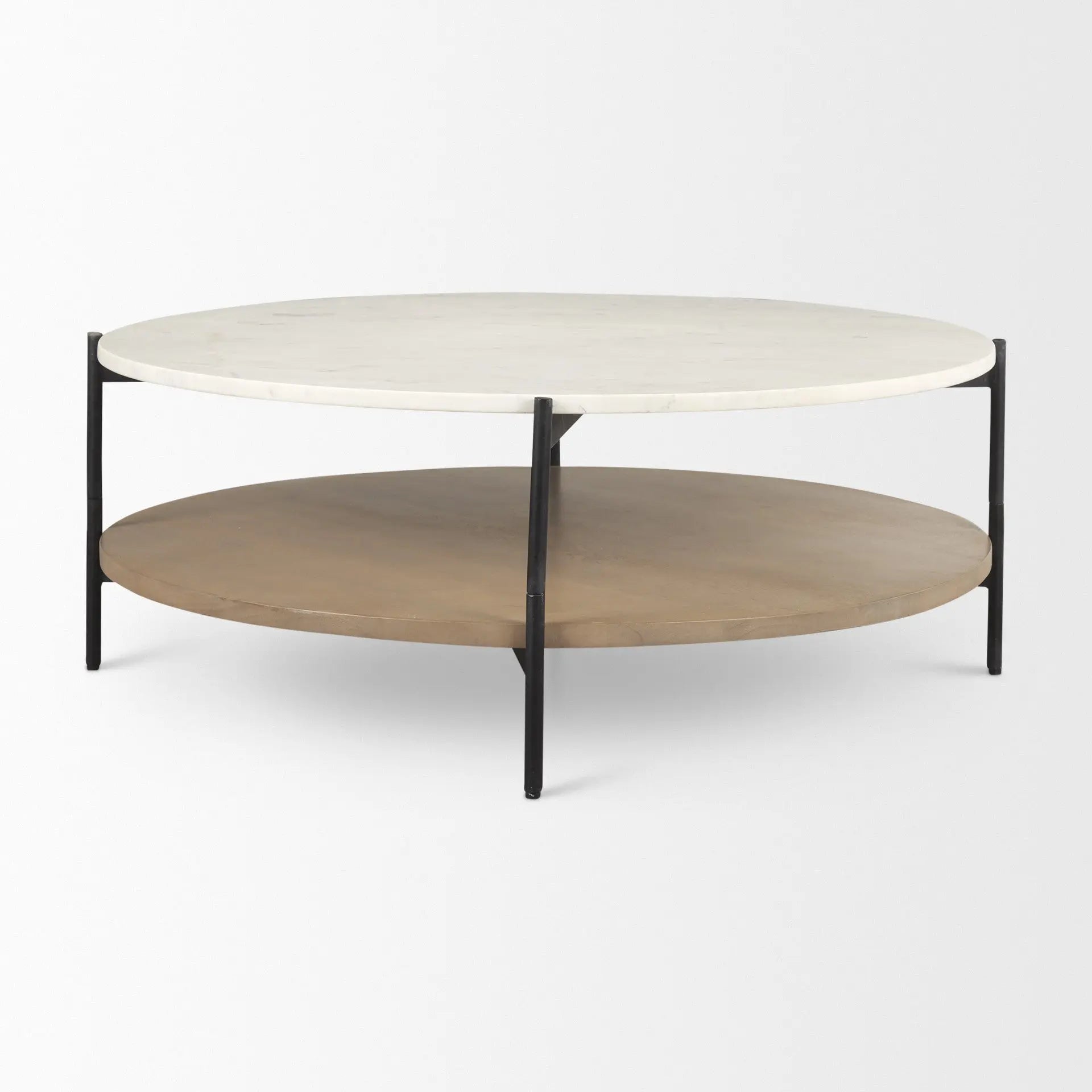 42" White and Brown Stone and Solid Wood Round Coffee Table Homeroots Living Room