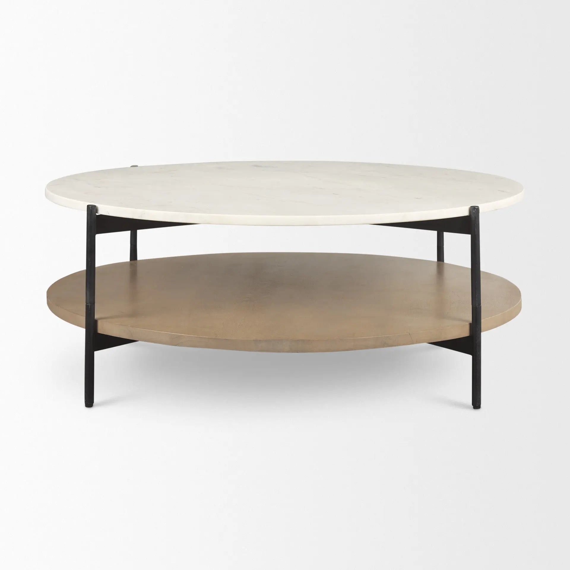 42" White and Brown Stone and Solid Wood Round Coffee Table Homeroots Living Room