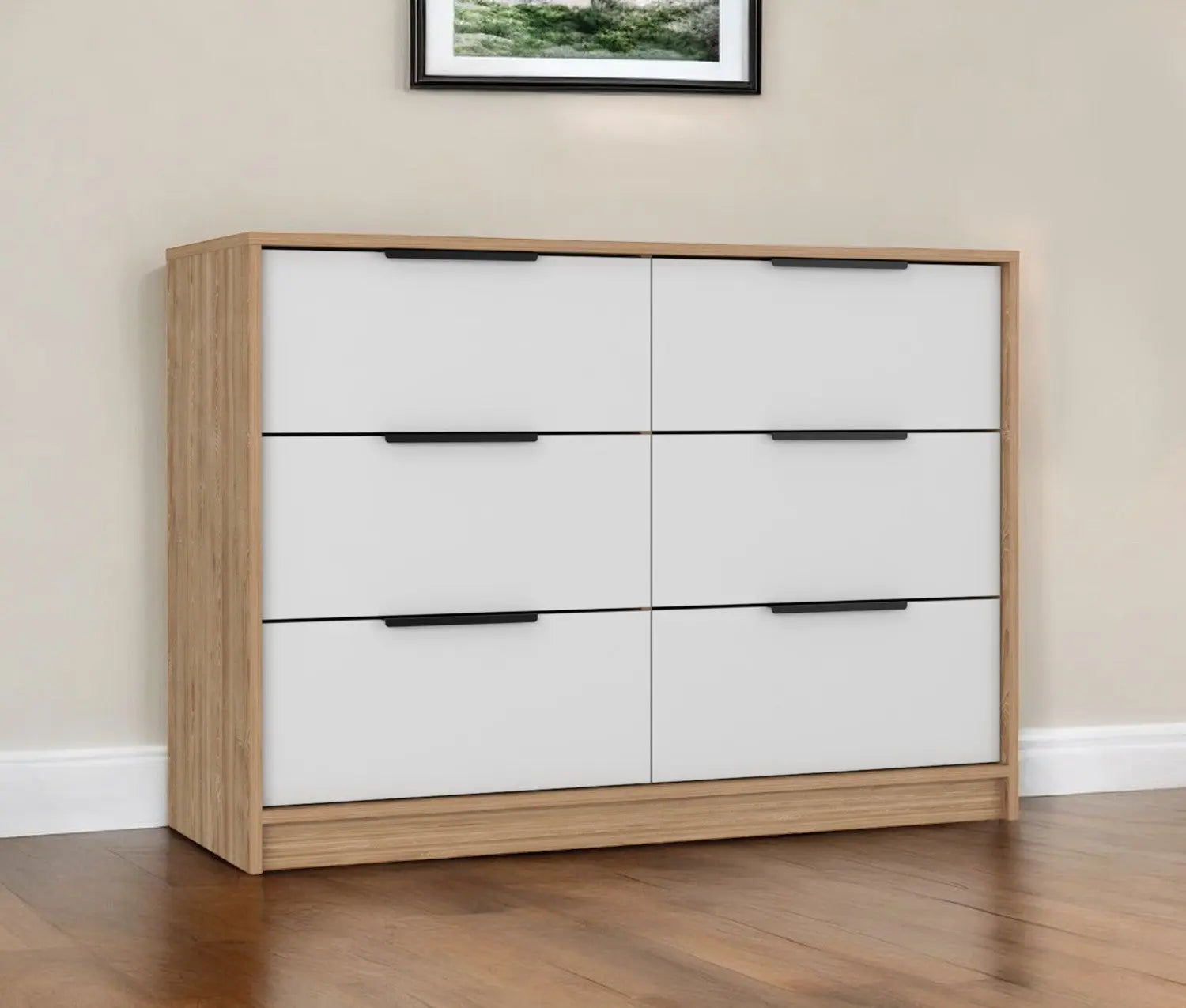42" White and Natural Six Drawer Double Dresser Homeroots Bed & Bath