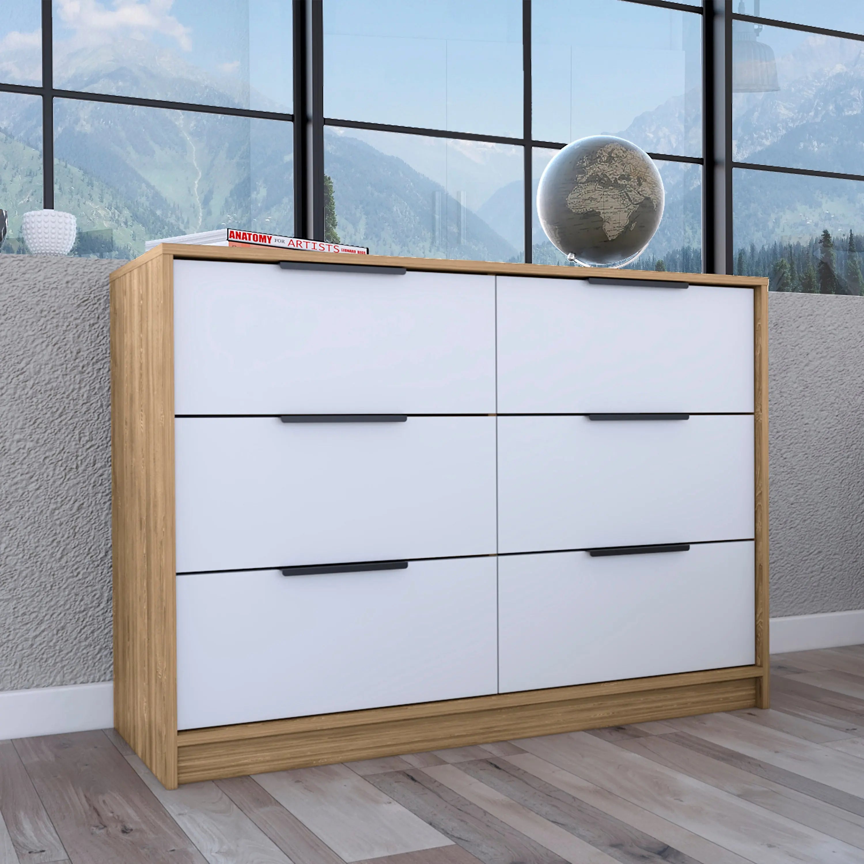 42" White and Natural Six Drawer Double Dresser Homeroots Bed & Bath