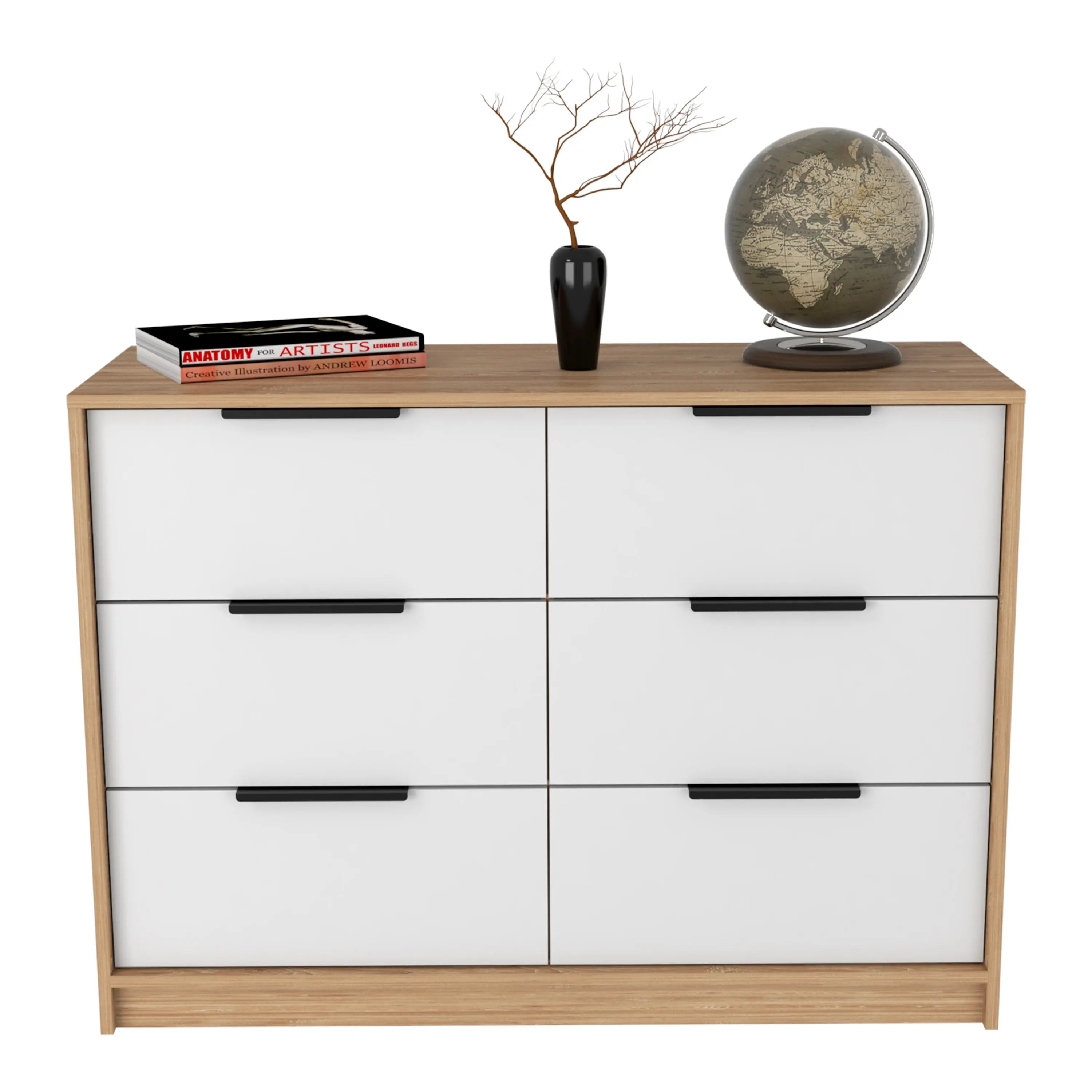 42" White and Natural Six Drawer Double Dresser Homeroots Bed & Bath