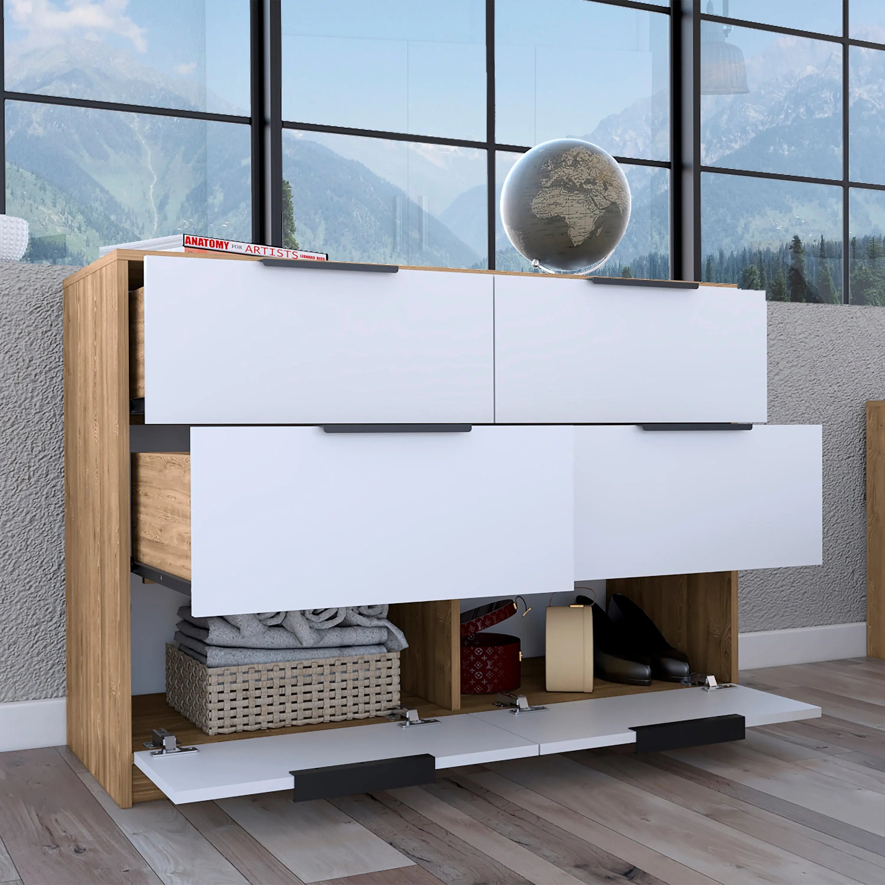 42" White and Natural Six Drawer Double Dresser Homeroots Bed & Bath