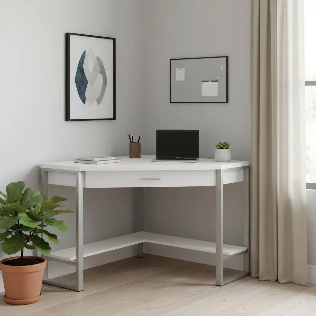 42" White and Silver Corner Computer Desk - GreatEagleInc