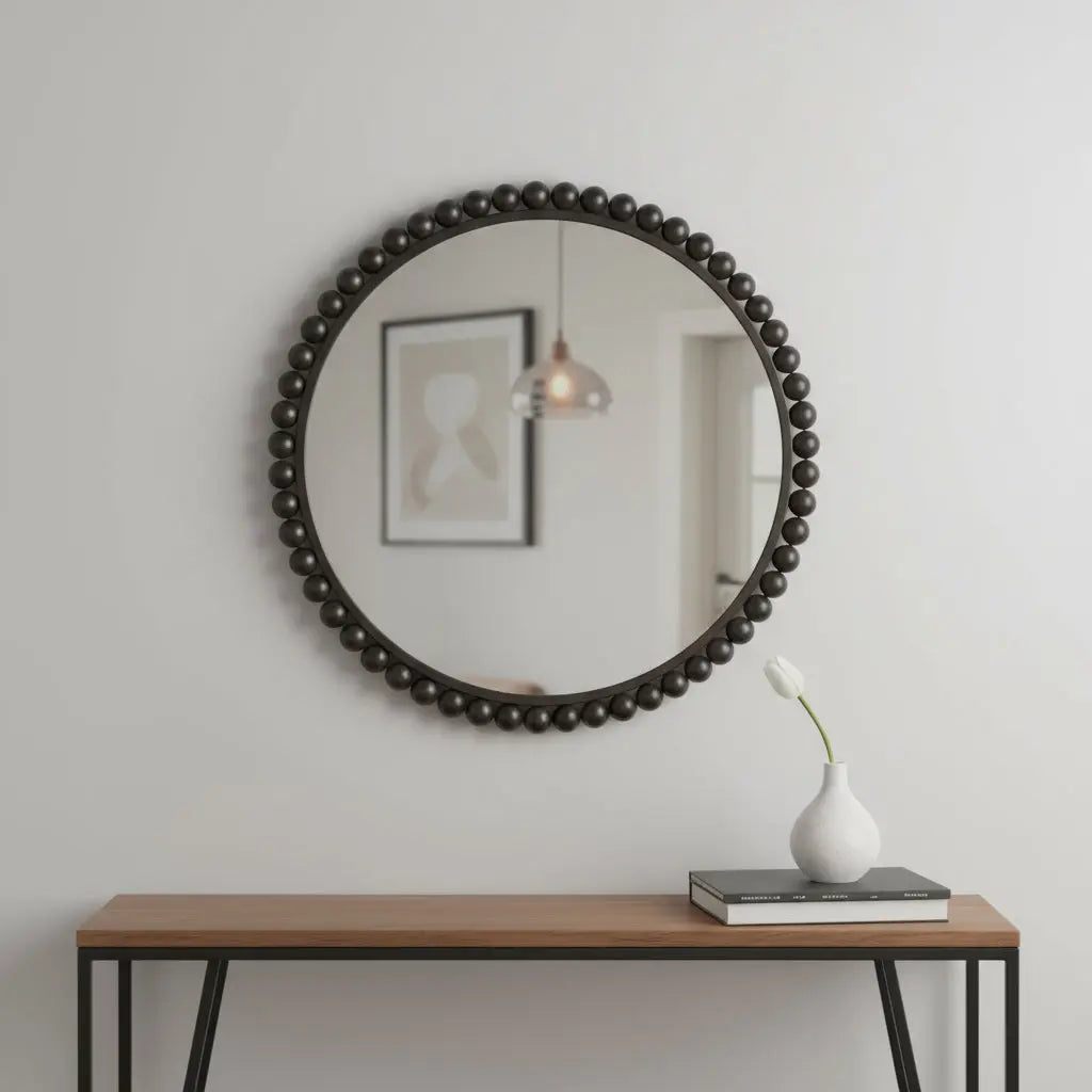 43" Black Metal Round Beaded Framed Accent Mirror Homeroots Bed & Bath