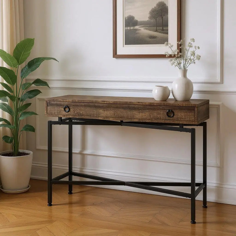 43" Brown And Black Cross Leg Console Table - GreatEagleInc