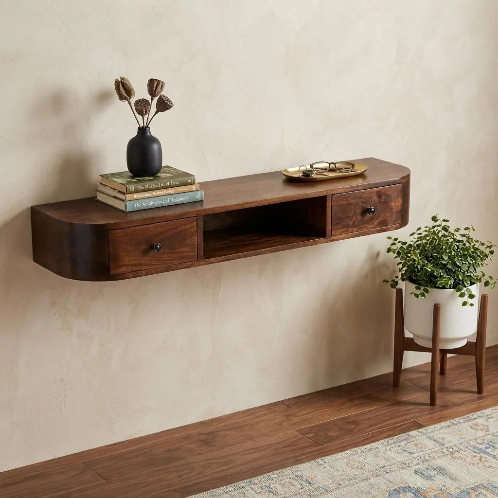 43" Chestnut Solid Wood Floating Console Table With Shelf And Two Drawers Homeroots Living Room