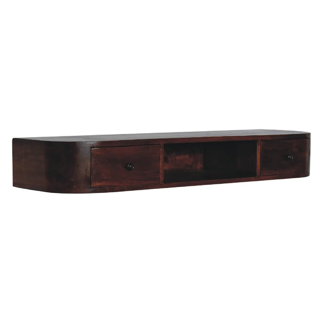 43" Chestnut Solid Wood Floating Console Table With Shelf And Two Drawers Homeroots Living Room