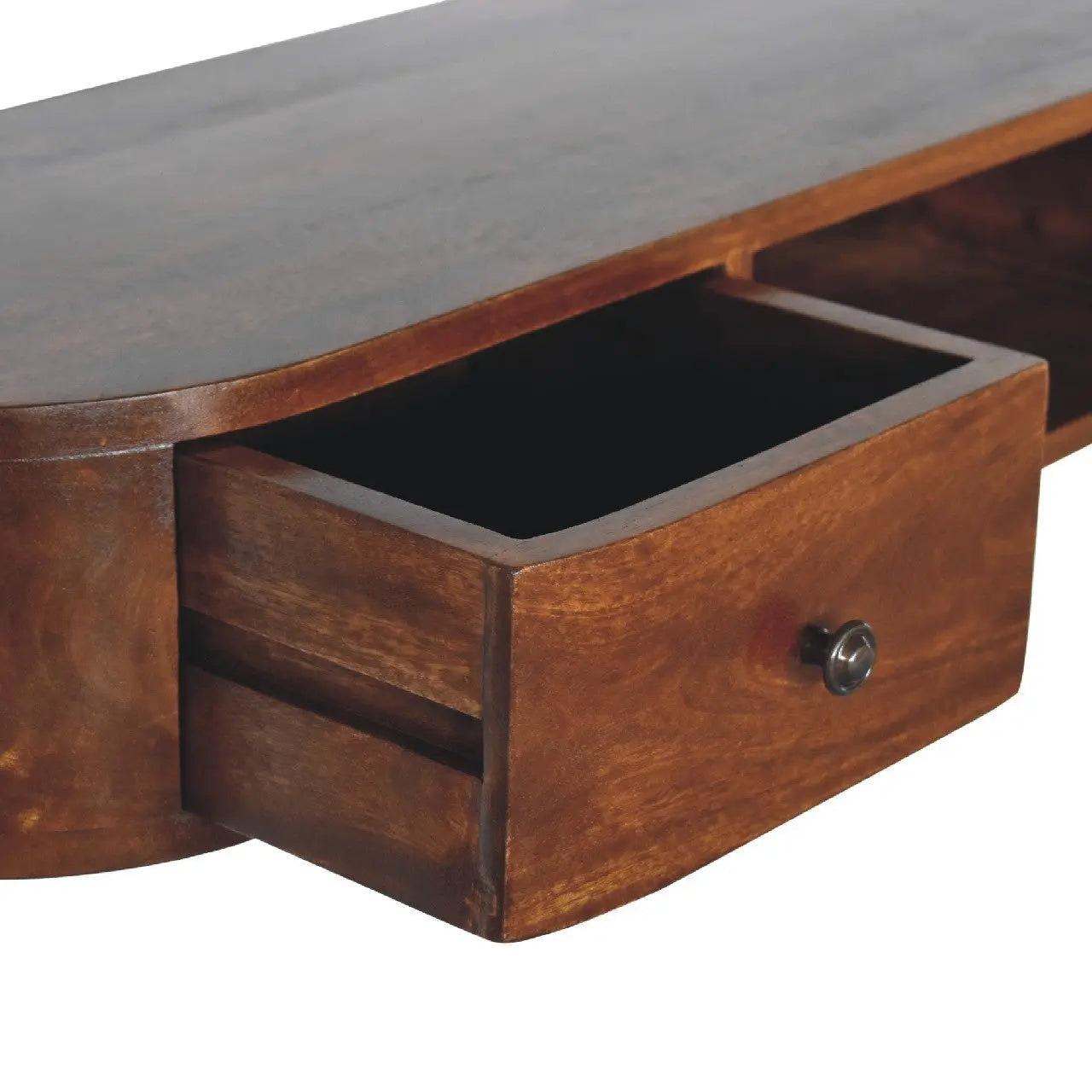 43" Chestnut Solid Wood Floating Console Table With Shelf And Two Drawers Homeroots Living Room