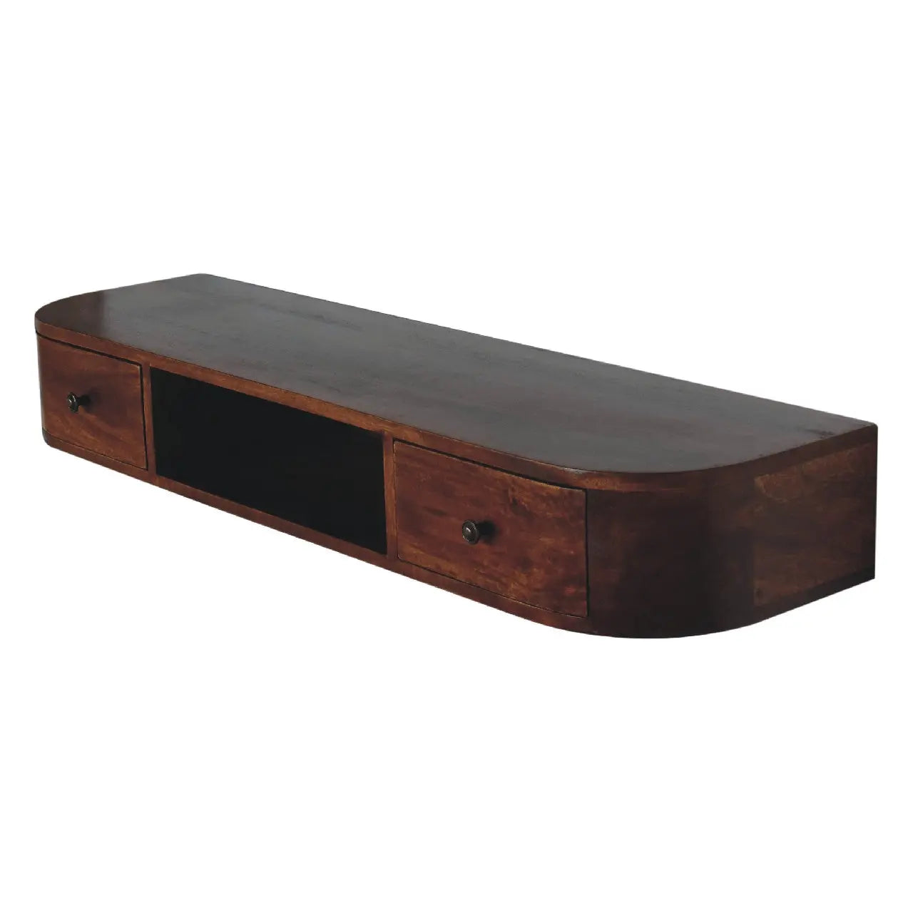 43" Chestnut Solid Wood Floating Console Table With Shelf And Two Drawers Homeroots Living Room