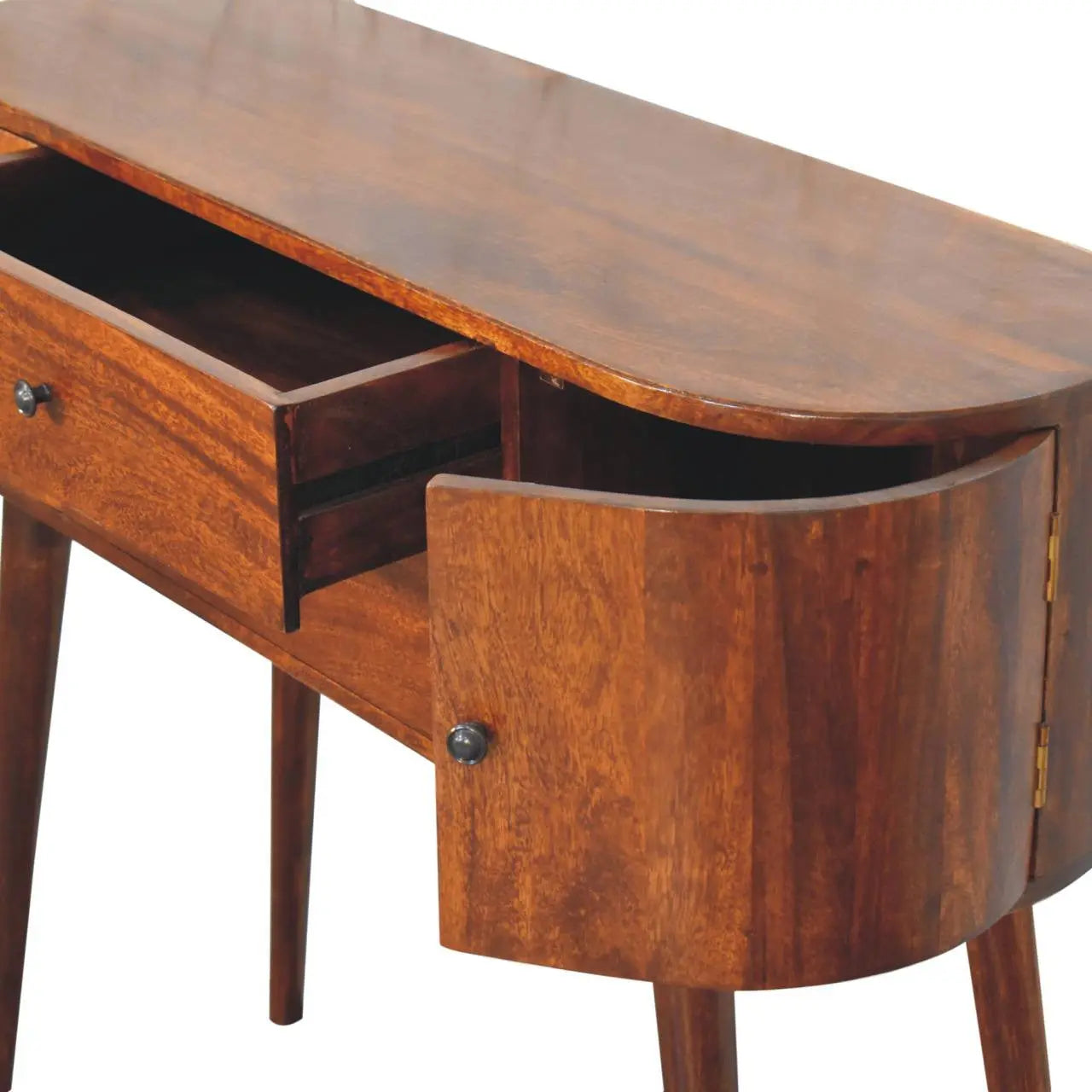 43" Chestnut Solid Wood Oval Console Table With Two Drawers Homeroots Living Room