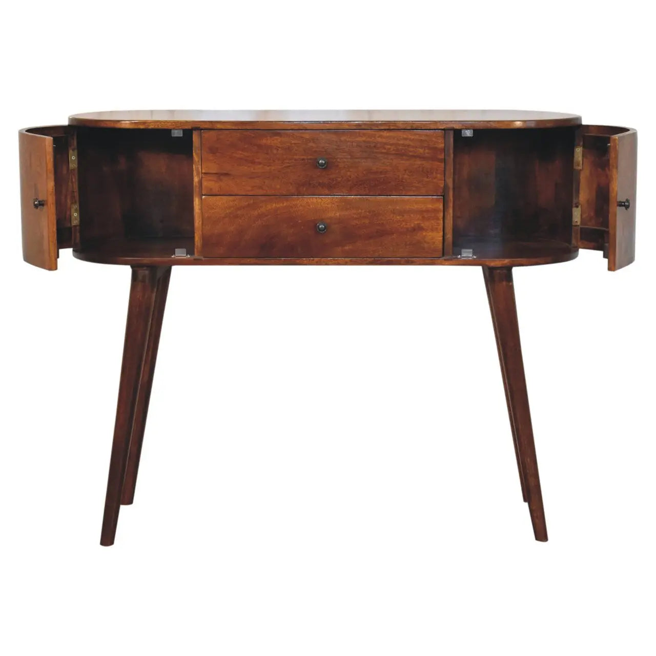 43" Chestnut Solid Wood Oval Console Table With Two Drawers Homeroots Living Room