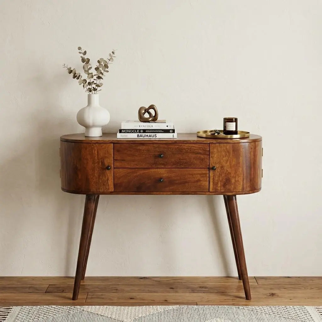 43" Chestnut Solid Wood Oval Console Table With Two Drawers Homeroots Living Room