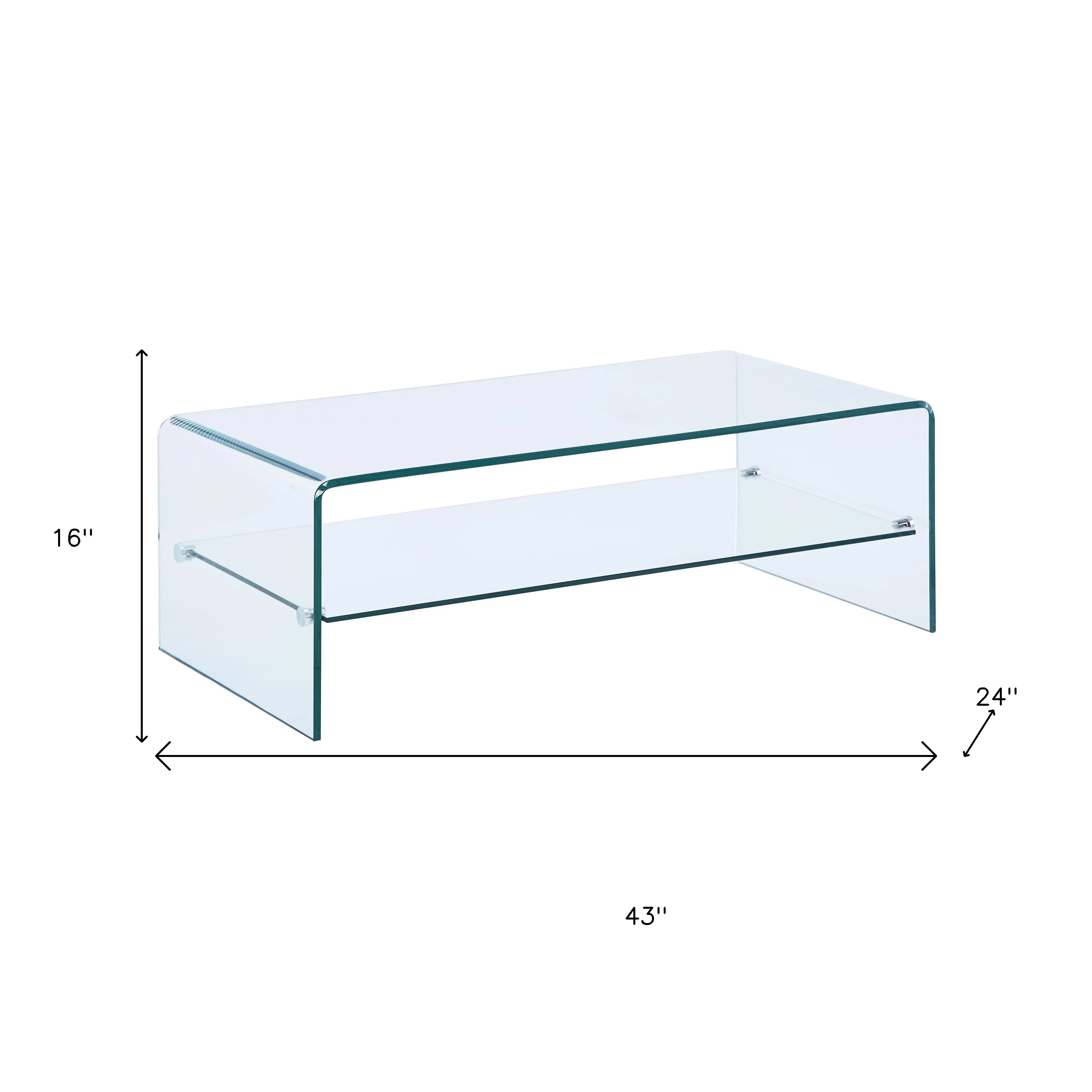43" Clear Glass Sled Coffee Table With Shelf Homeroots Living Room