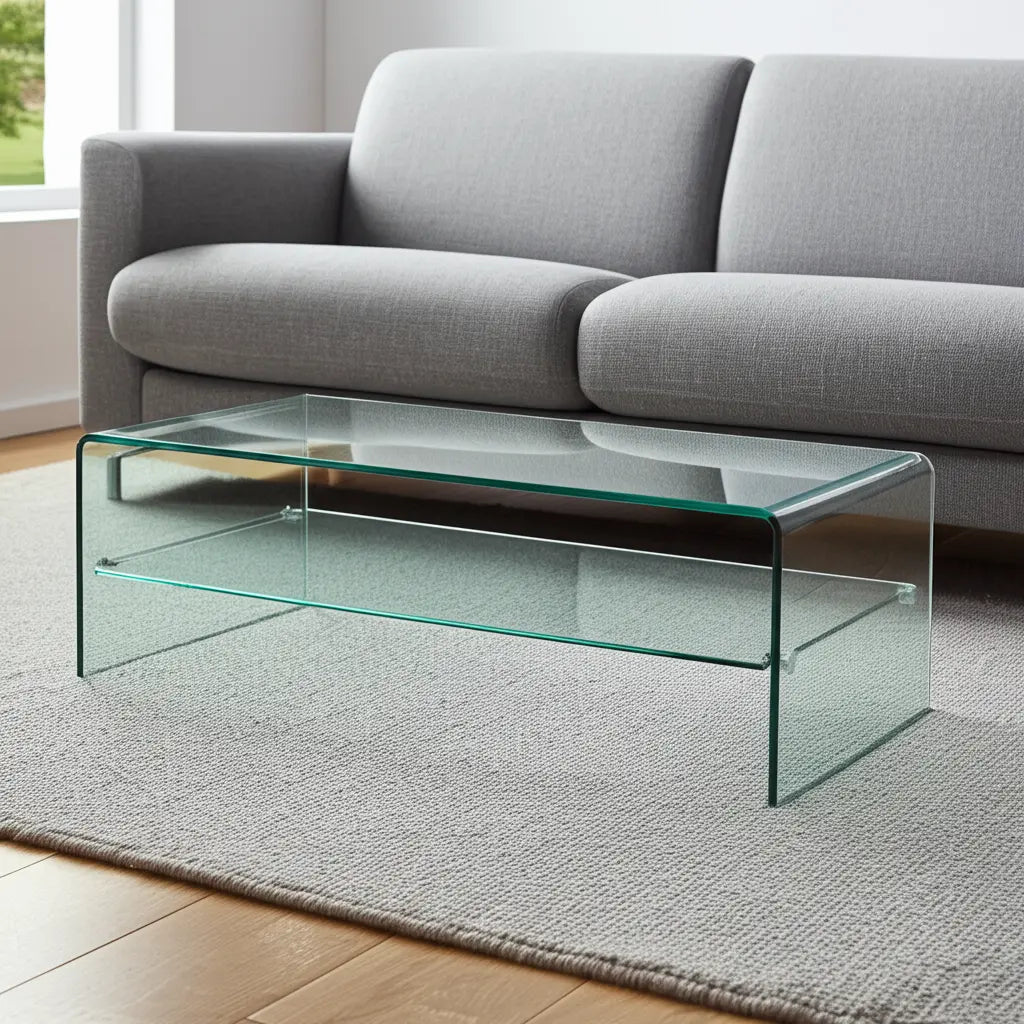 43" Clear Glass Sled Coffee Table With Shelf Homeroots Living Room