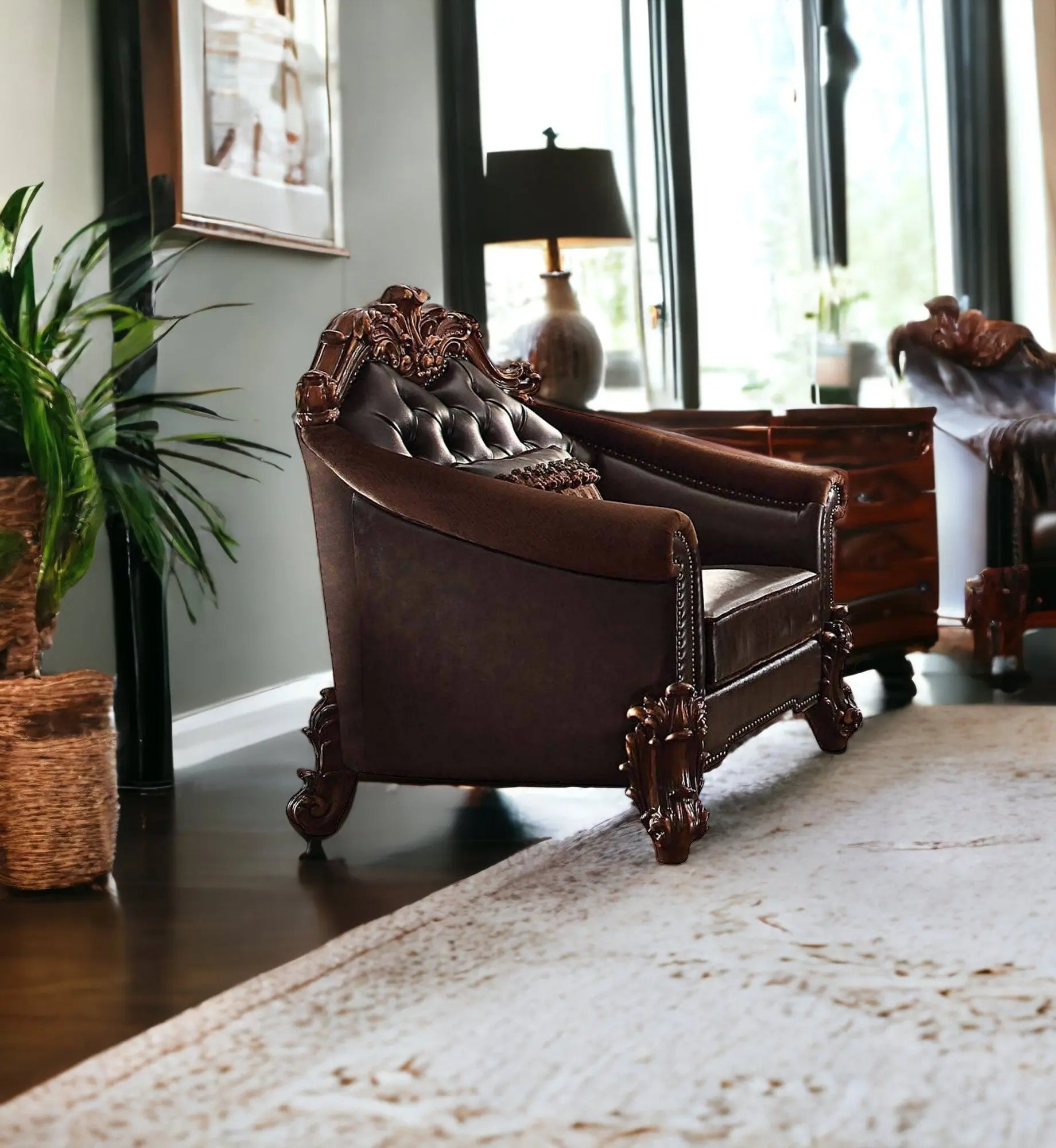 43" Dark Brown Faux Leather Tufted Chesterfield Chair And Toss Pillow Homeroots Living Room