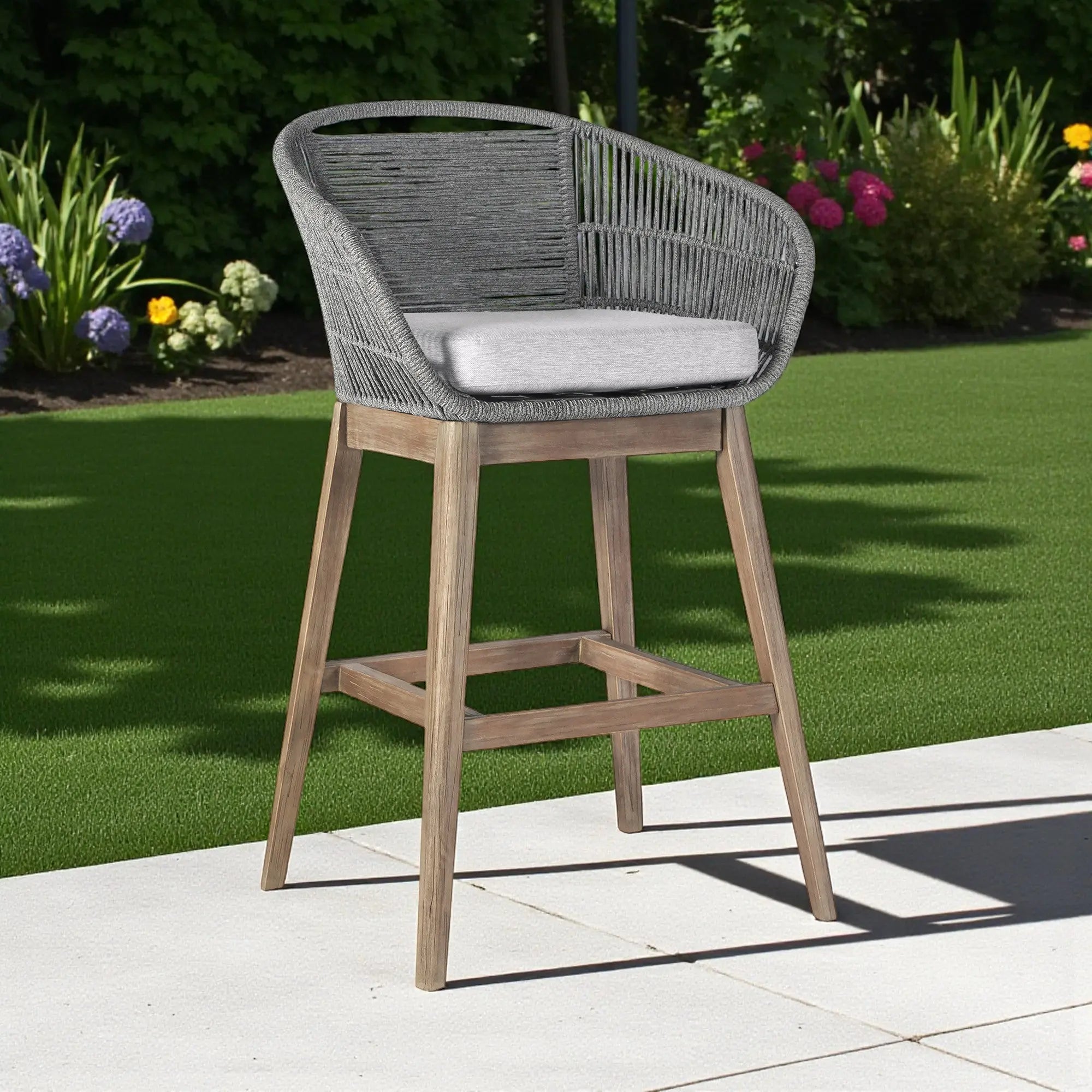 43" Gray Solid Wood Low back Outdoor Bar Height chair with Footrest - GreatEagleInc