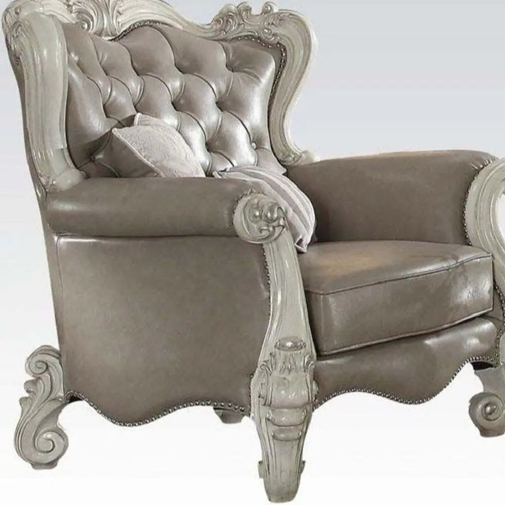 43" Gray and Bone Faux Leather Tufted Chesterfield Chair And Toss Pillows Homeroots Living Room