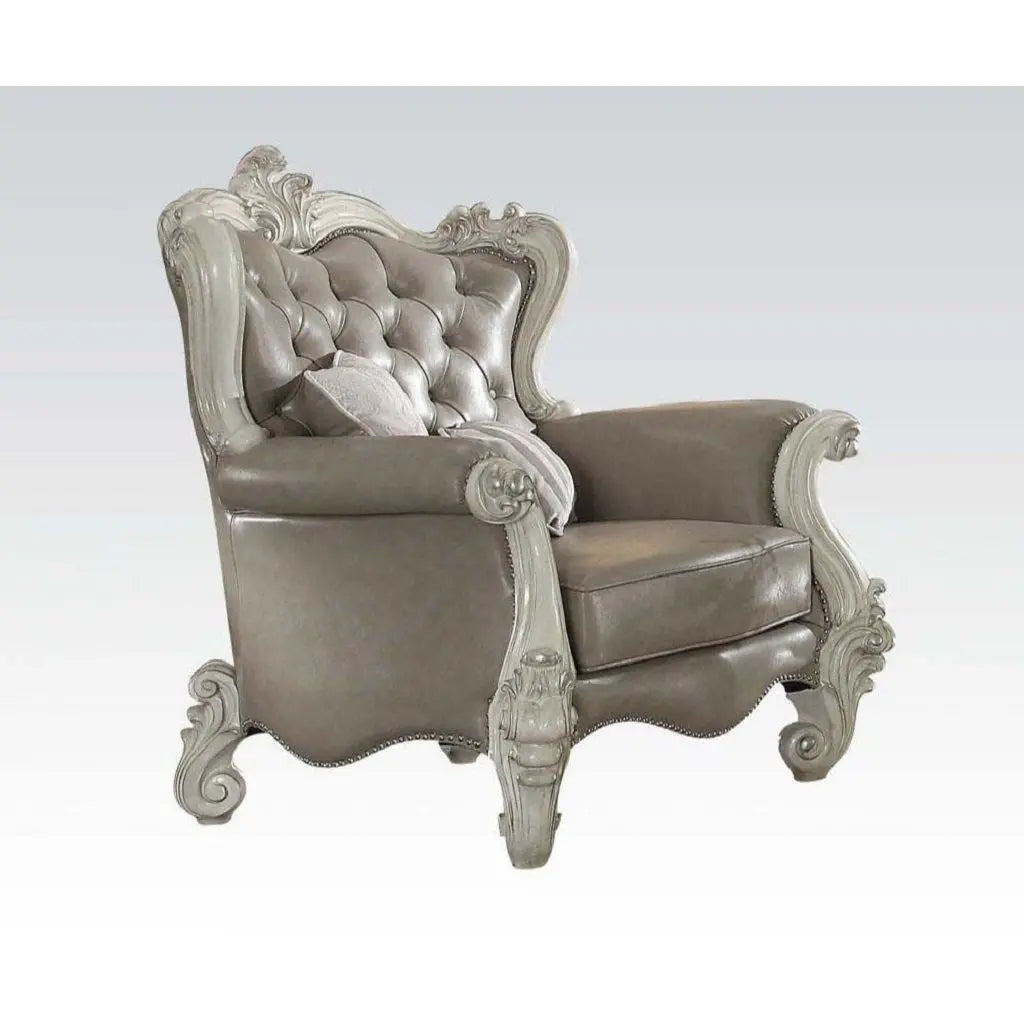 43" Gray and Bone Faux Leather Tufted Chesterfield Chair And Toss Pillows Homeroots Living Room