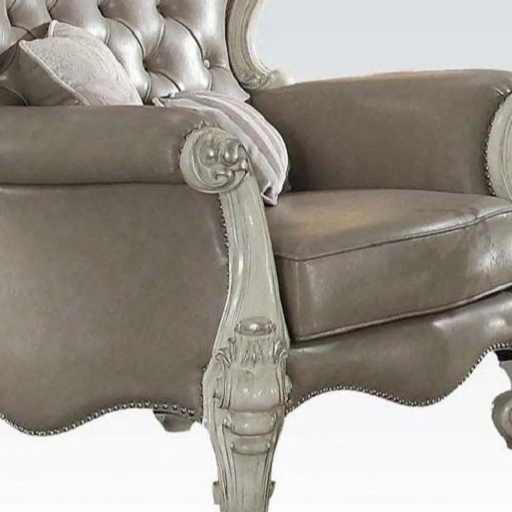 43" Gray and Bone Faux Leather Tufted Chesterfield Chair And Toss Pillows Homeroots Living Room