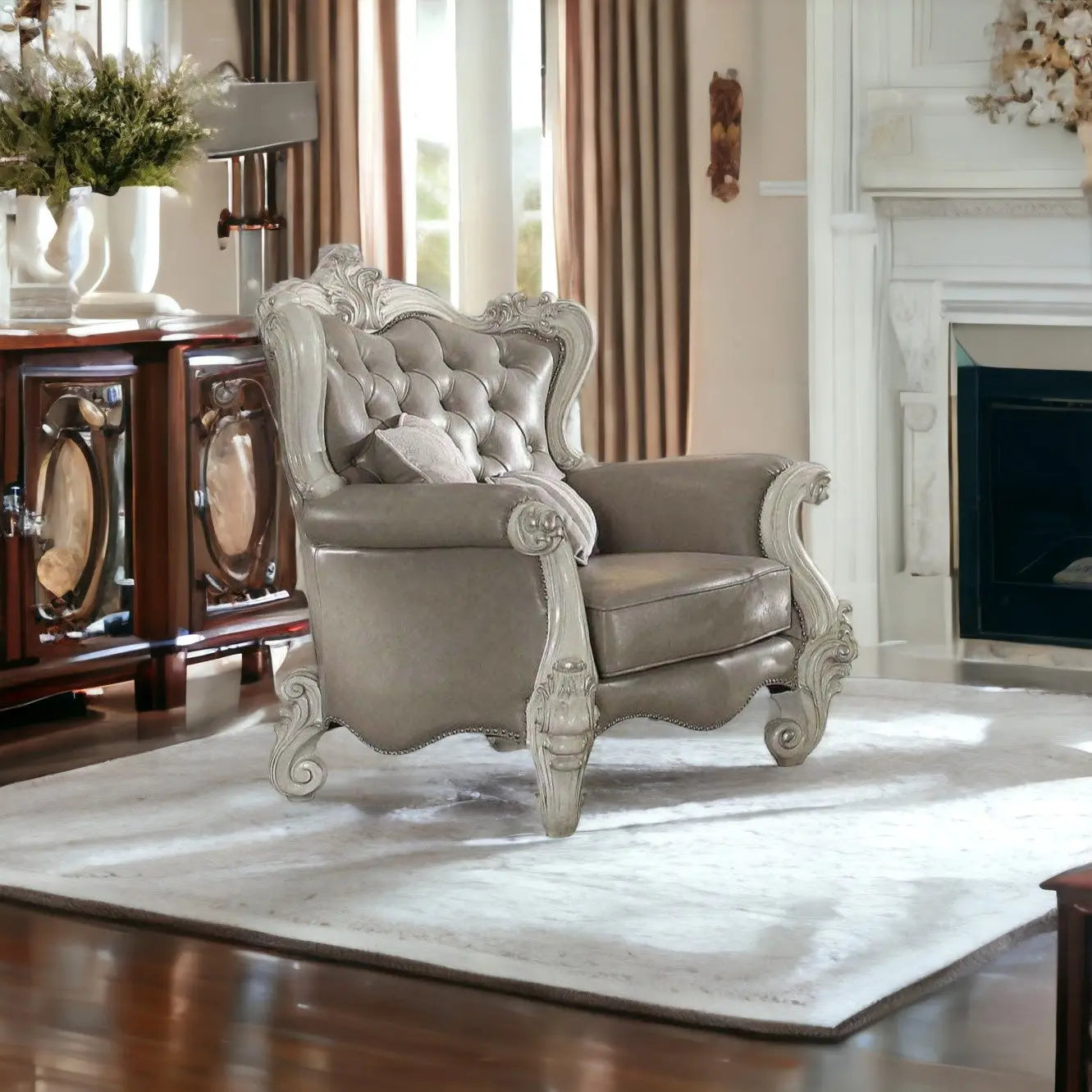43" Gray and Bone Faux Leather Tufted Chesterfield Chair And Toss Pillows Homeroots Living Room