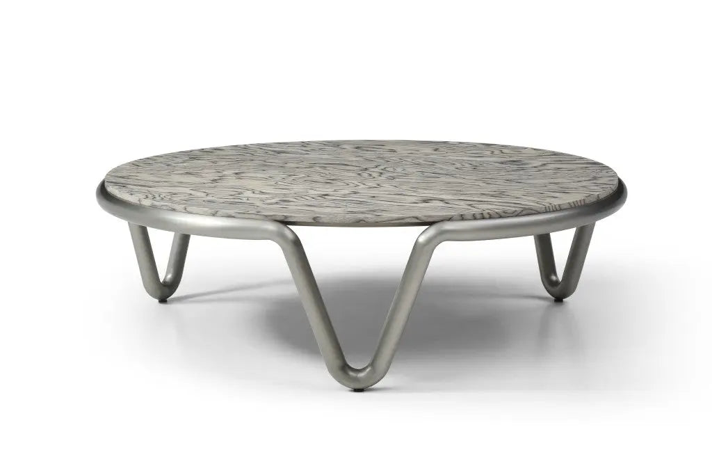 43" Gray and Silver Wood and Stainless Steel Round Coffee Table Homeroots Living Room