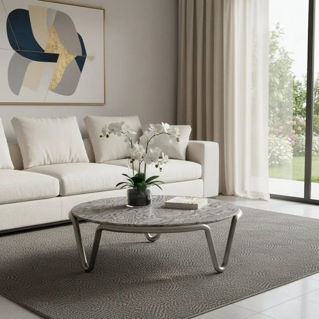 43" Gray and Silver Wood and Stainless Steel Round Coffee Table Homeroots Living Room