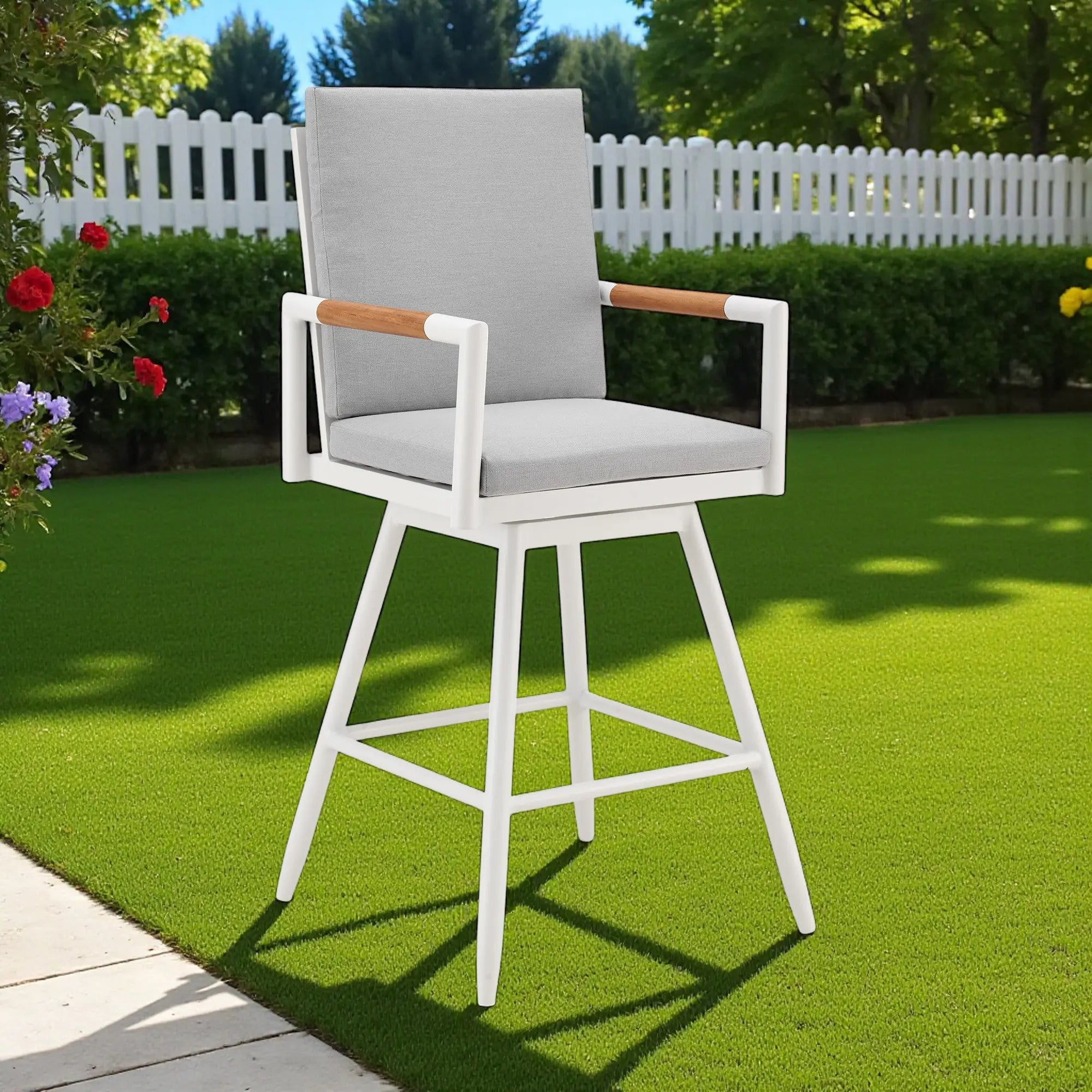 43" Light Gray Metal Swivel Outdoor Counter Height Bar chair with Footrest - GreatEagleInc