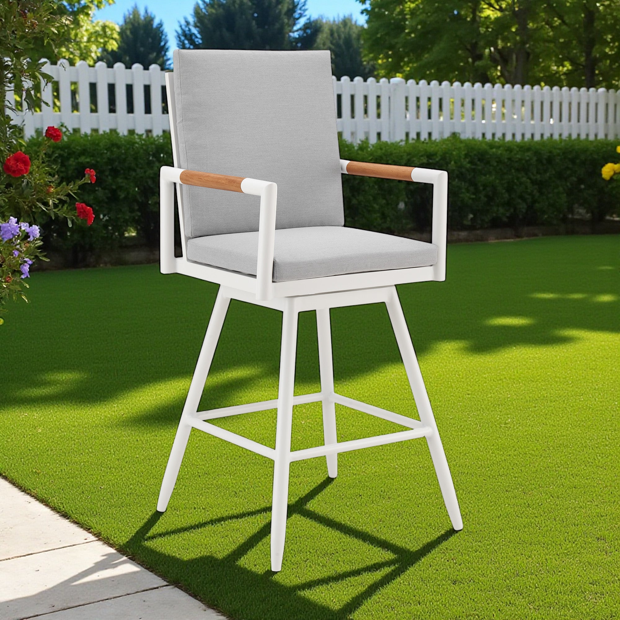 43" Light Gray Metal Swivel Outdoor Counter Height Bar chair with Footrest - GreatEagleInc