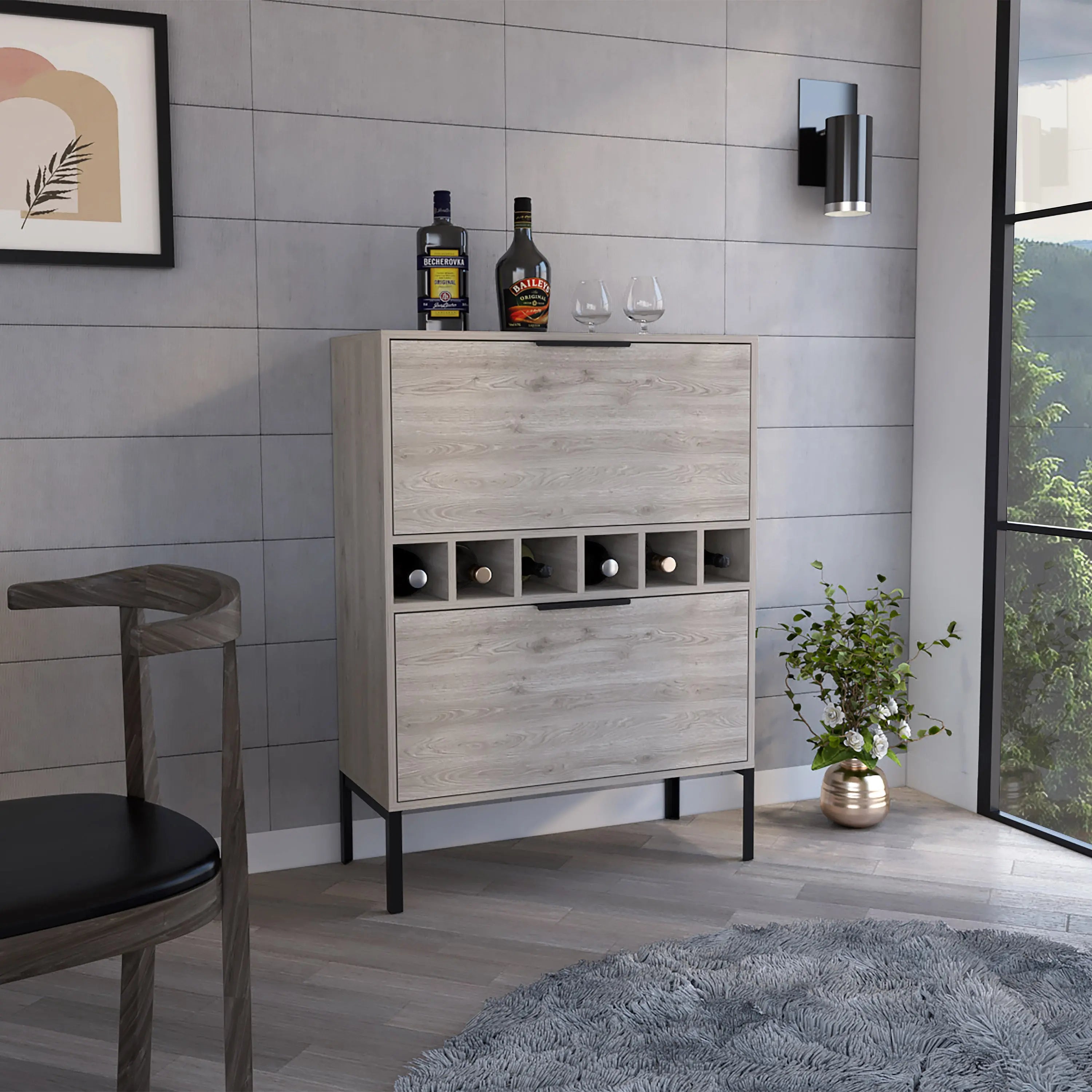 43" Light Gray and Black Wood Console Bar Cabinet With Two Doors - GreatEagleInc