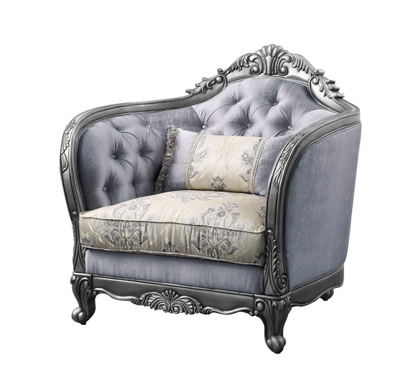 43" Light Gray and Platinum Fabric Floral Tufted Arm Chair And Toss Pillow Homeroots Living Room