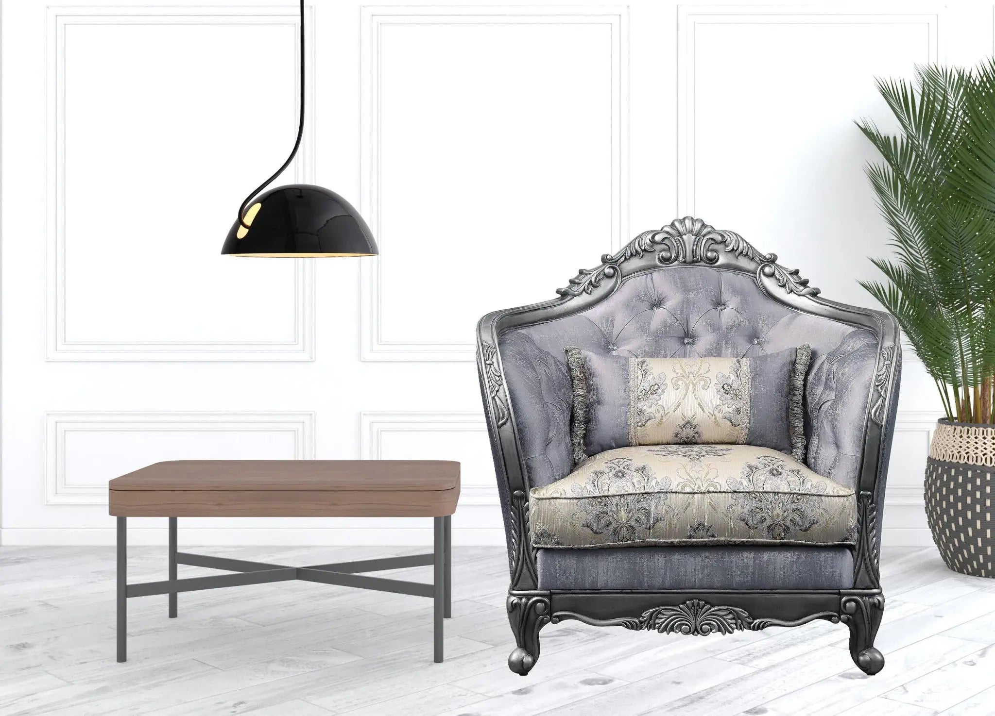 43" Light Gray and Platinum Fabric Floral Tufted Arm Chair And Toss Pillow Homeroots Living Room