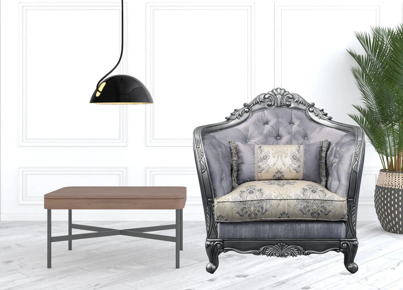 43" Light Gray and Platinum Fabric Floral Tufted Arm Chair And Toss Pillow Homeroots Living Room