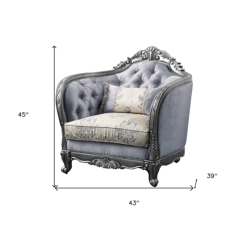 43" Light Gray and Platinum Fabric Floral Tufted Arm Chair And Toss Pillow Homeroots Living Room