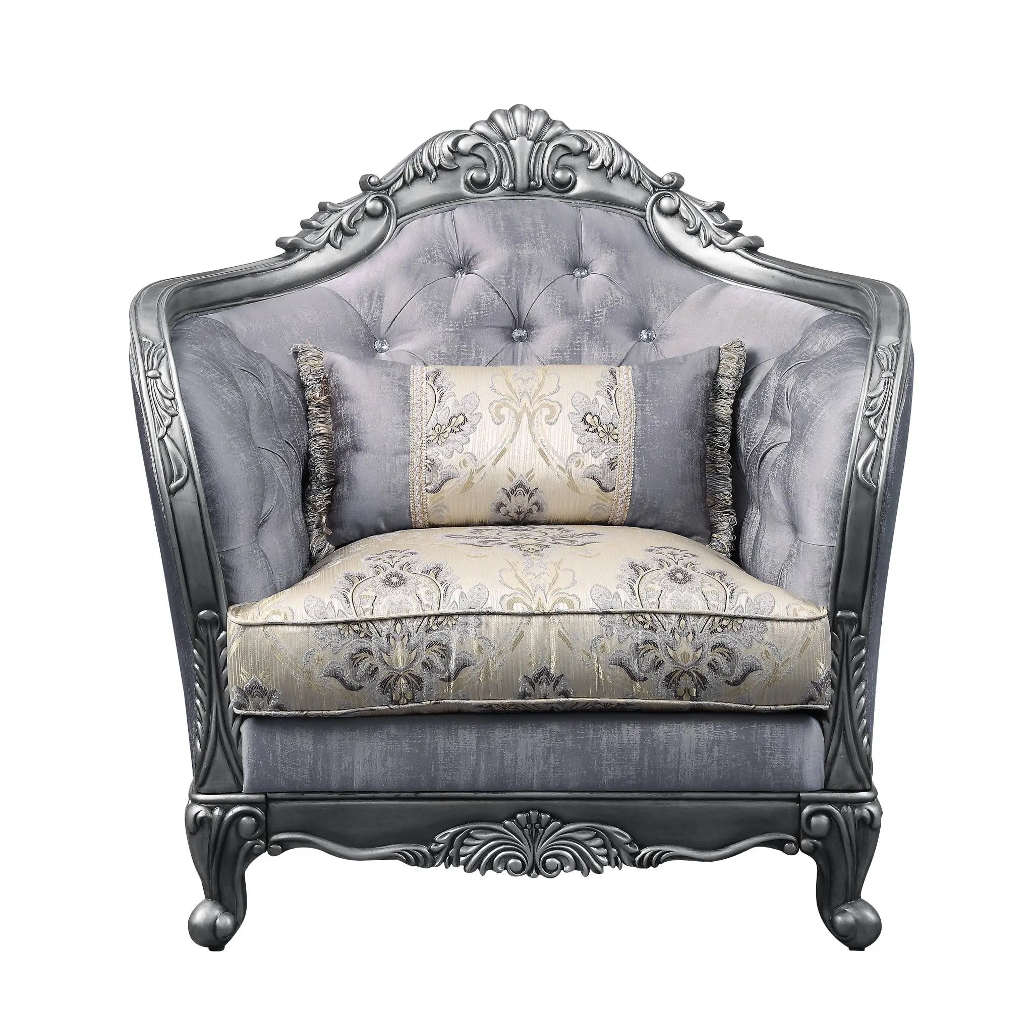 43" Light Gray and Platinum Fabric Floral Tufted Arm Chair And Toss Pillow Homeroots Living Room