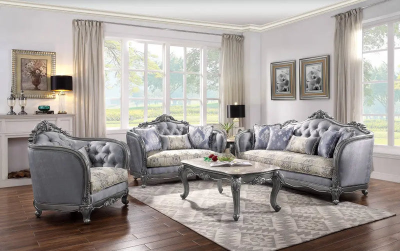 43" Light Gray and Platinum Fabric Floral Tufted Arm Chair And Toss Pillow Homeroots Living Room