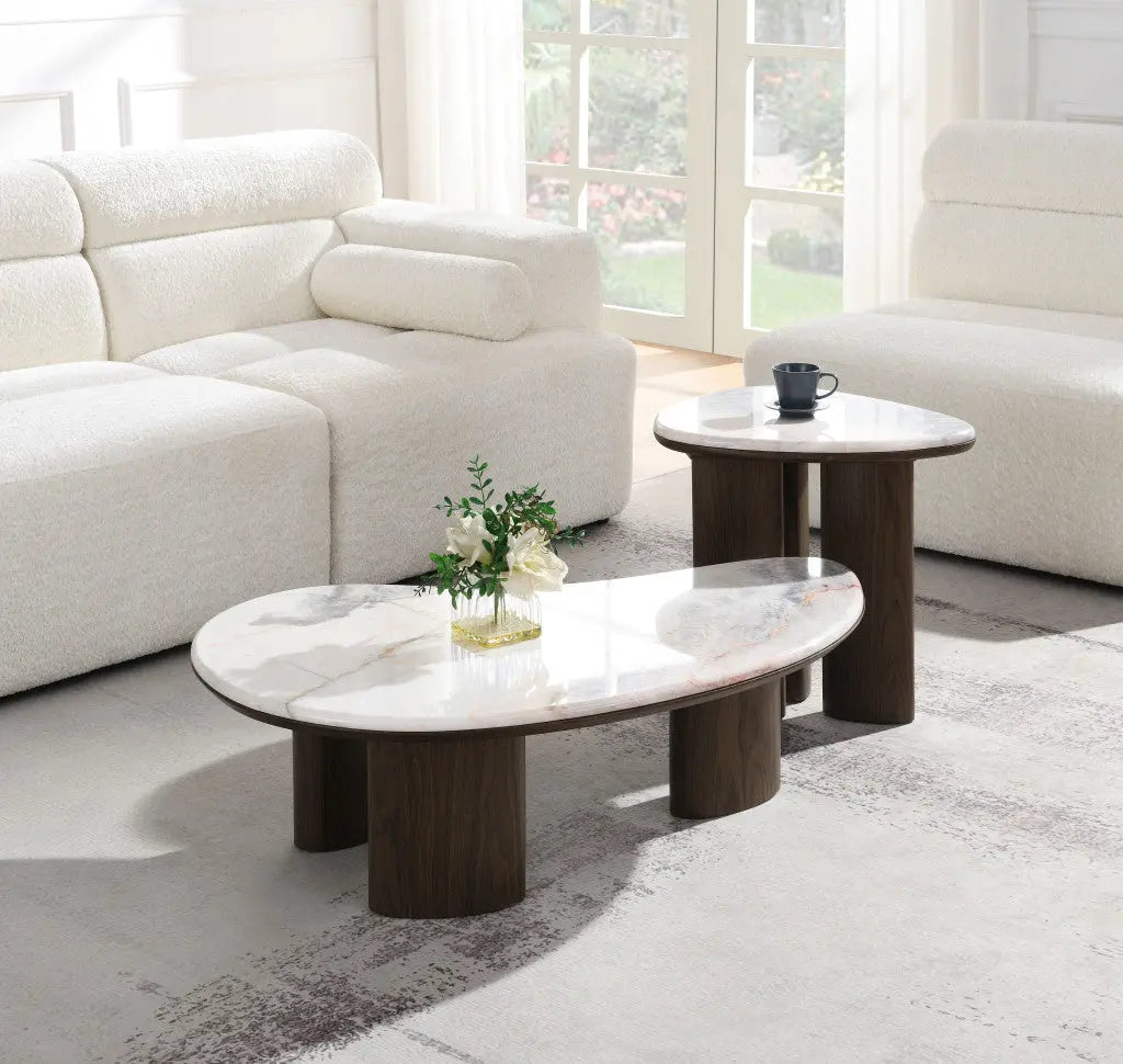 43" Natural and Brown Genuine Marble and Wood Oval Coffee Table Homeroots Living Room