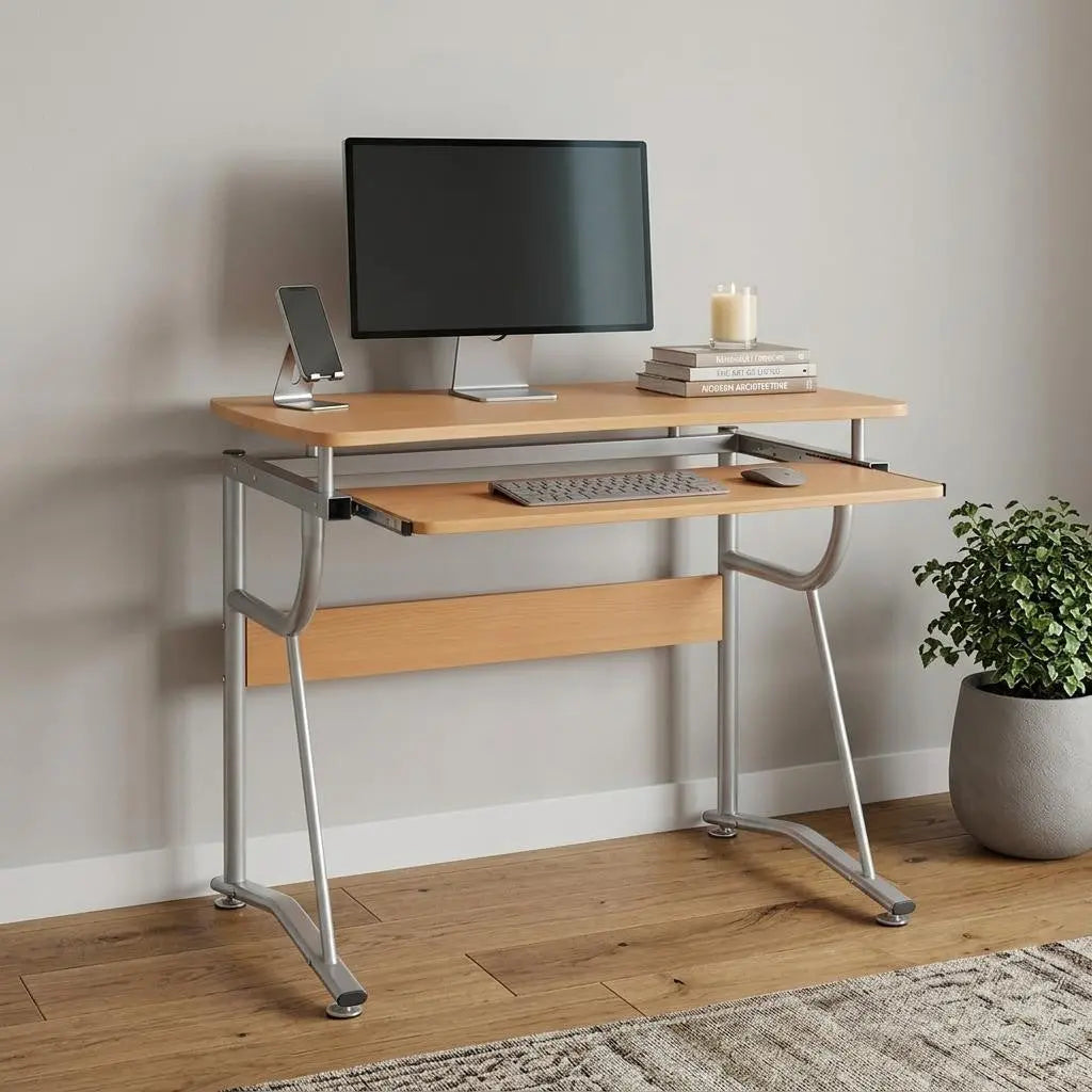 43" Oak and Silver Wood and Stainless Steel Computer Desk Homeroots Office