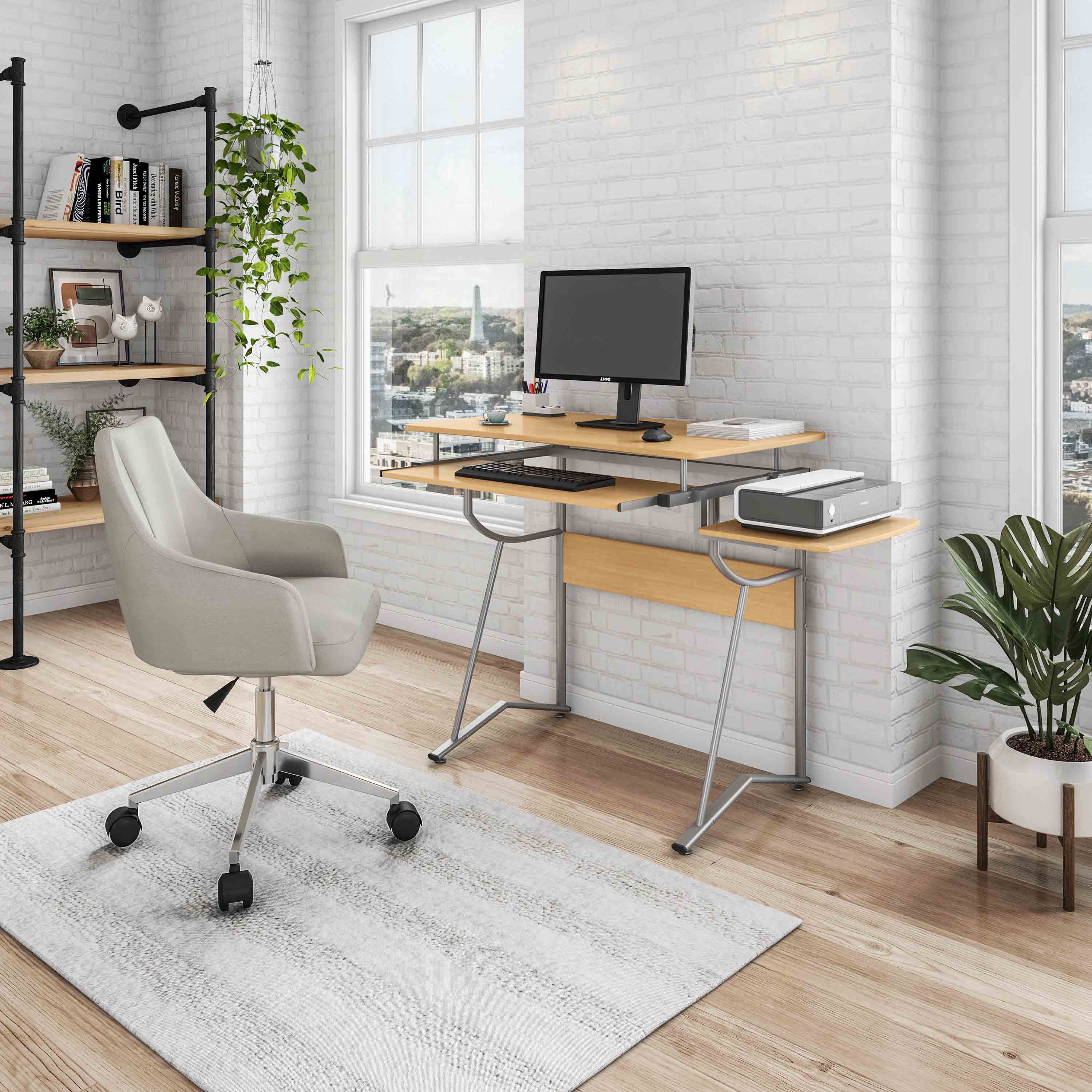 43" Oak and Silver Wood and Stainless Steel Computer Desk Homeroots Office