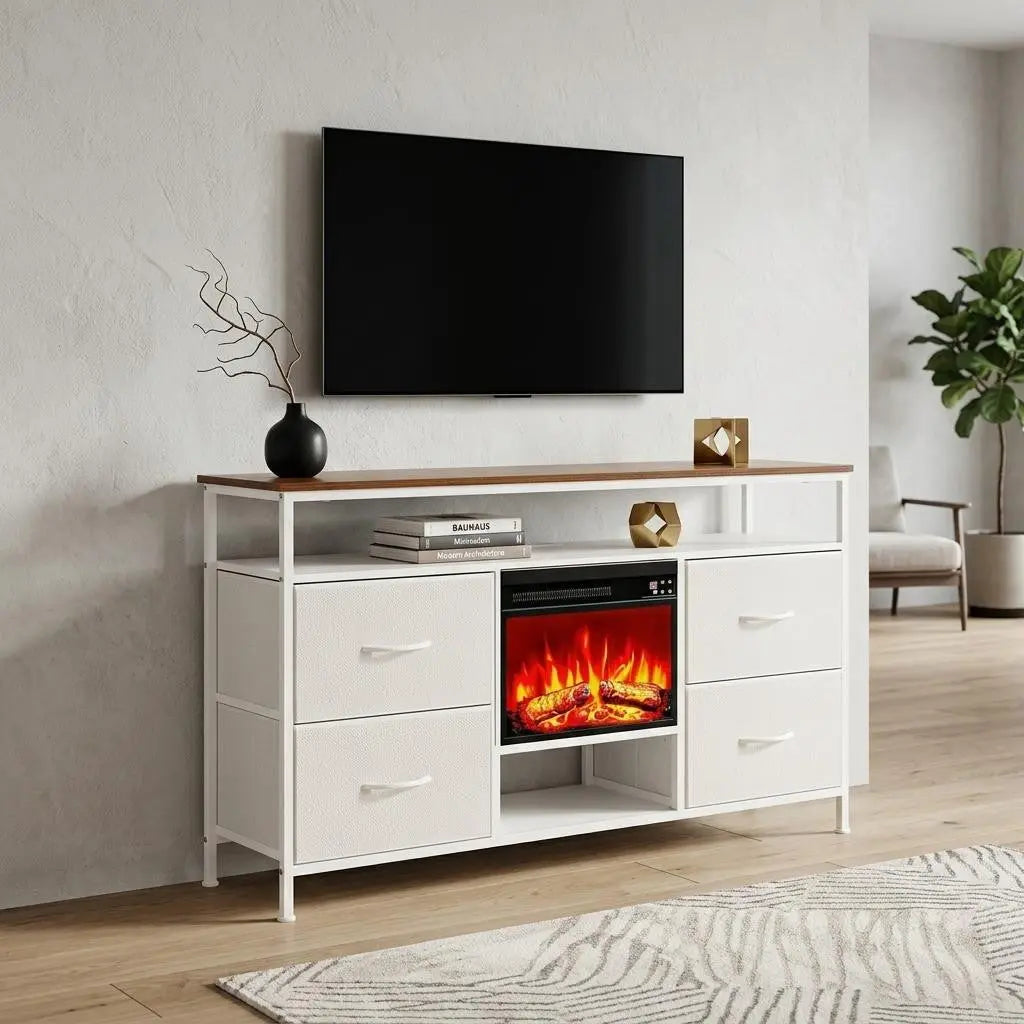 43" White Wood Fireplace TV Stand With Fireplace Homeroots Living Room