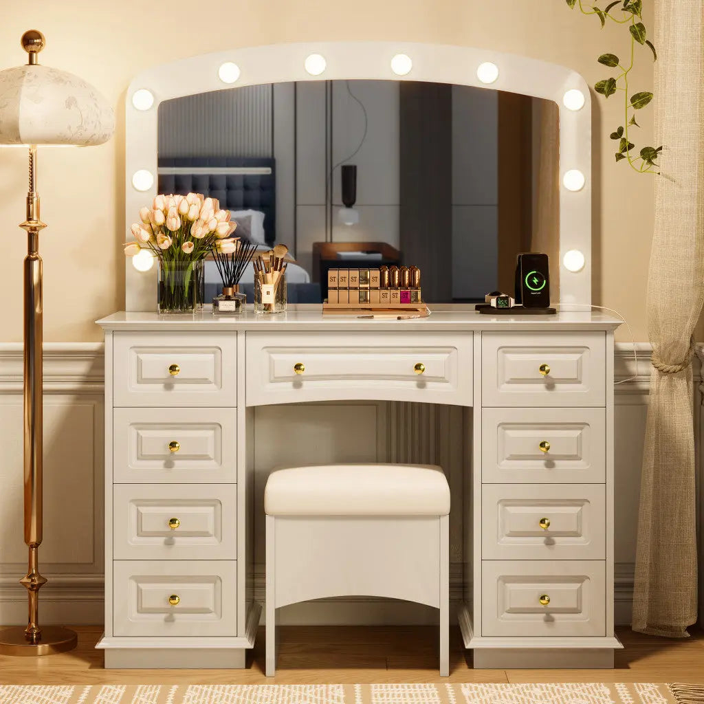 43" White Wood Mirrored Nine Drawer Vanity Table And Lights Homeroots Living Room