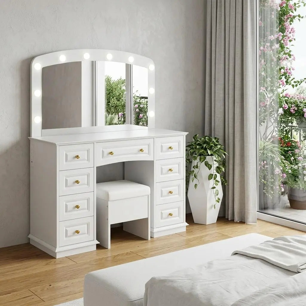 43" White Wood Mirrored Nine Drawer Vanity Table And Lights Homeroots Living Room