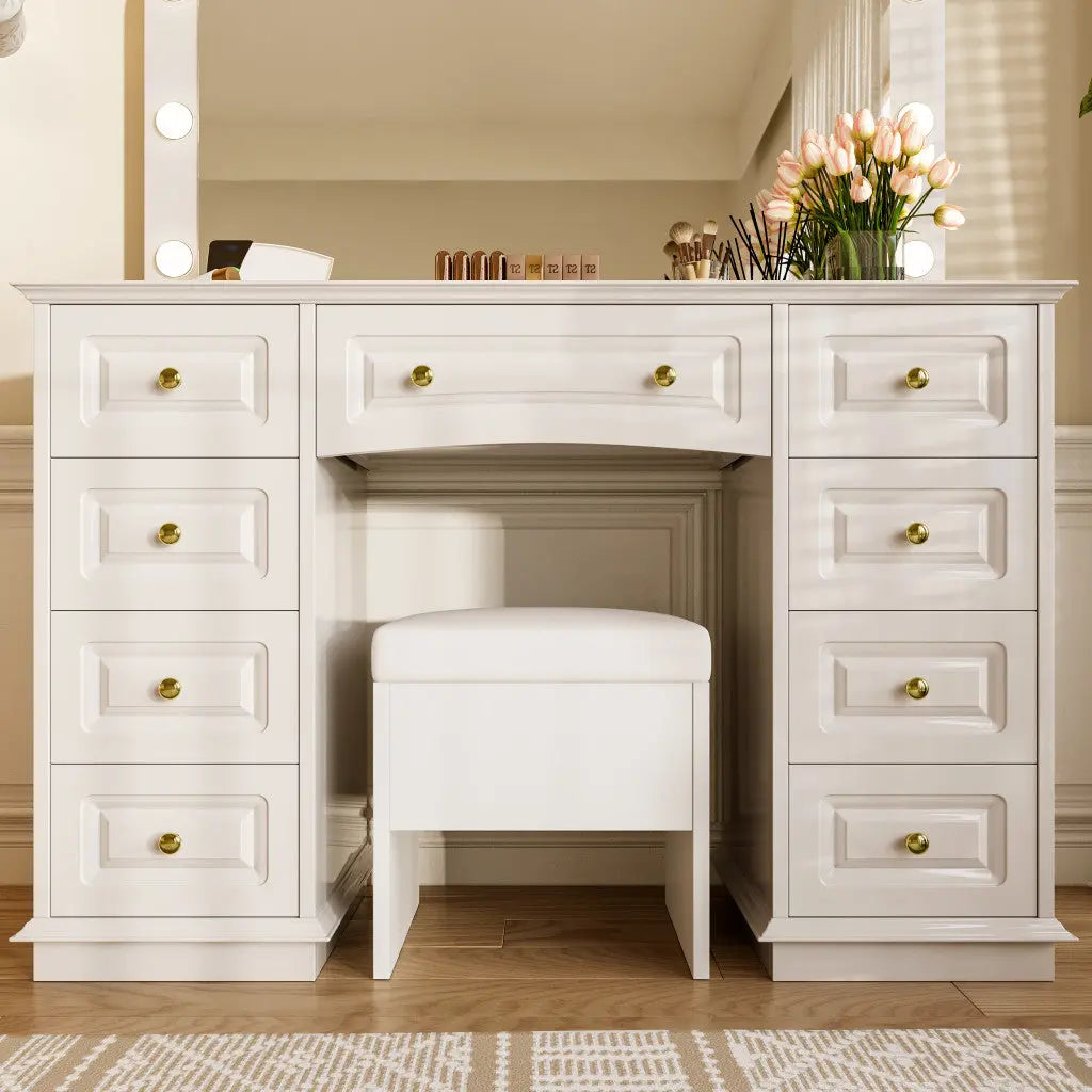 43" White Wood Mirrored Nine Drawer Vanity Table And Lights Homeroots Living Room