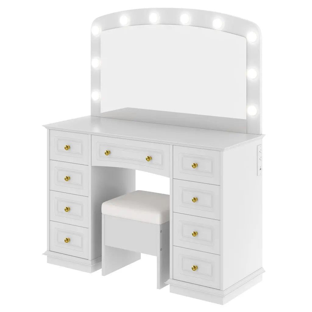 43" White Wood Mirrored Nine Drawer Vanity Table And Lights Homeroots Living Room
