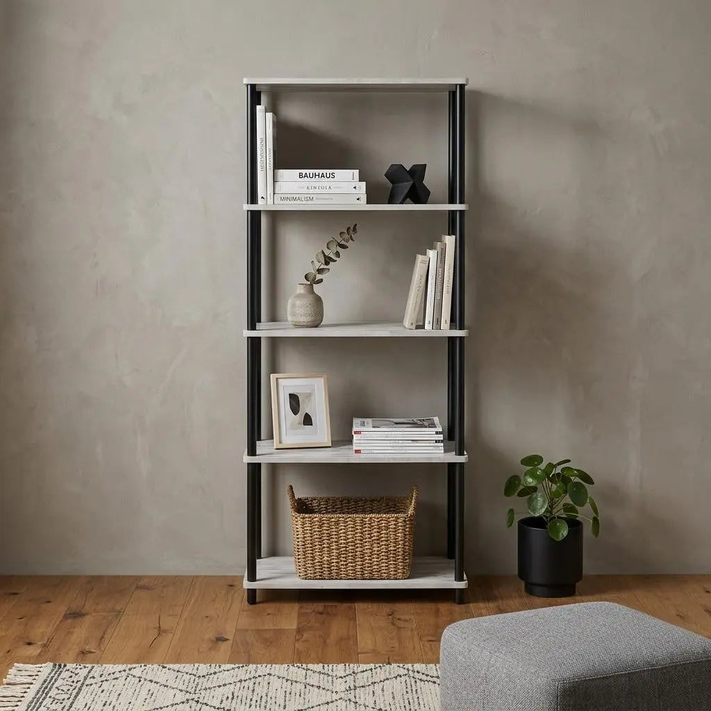 44" Antiqued White And Black Distressed Metal and Wood Four Tier Etagere Bookcase Homeroots Office
