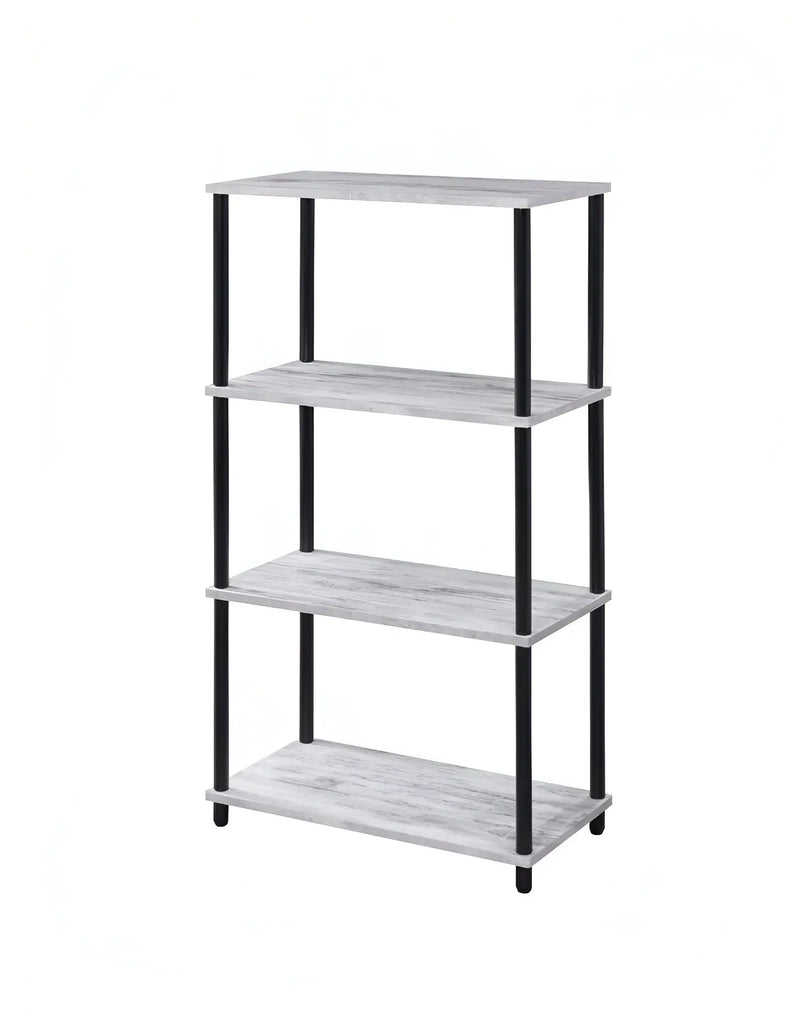 44" Antiqued White And Black Distressed Metal and Wood Four Tier Etagere Bookcase Homeroots Office